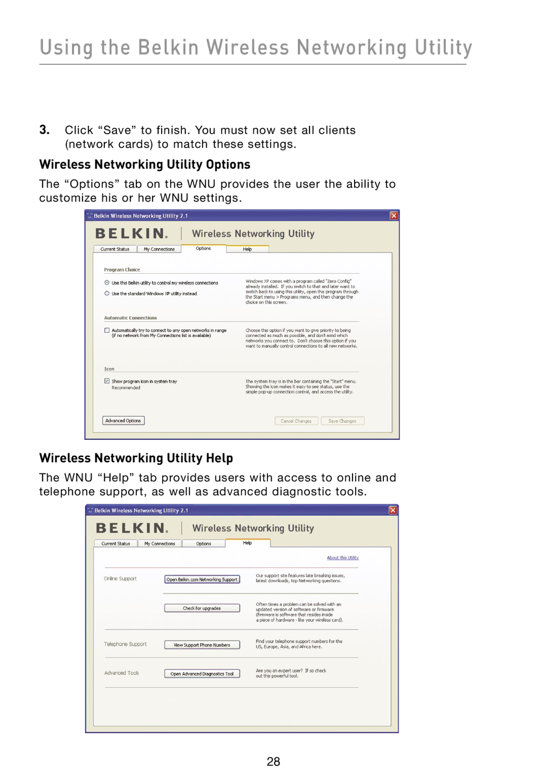 Belkin F5D8013 user manual Wireless Networking Utility Options, Wireless Networking Utility Help 