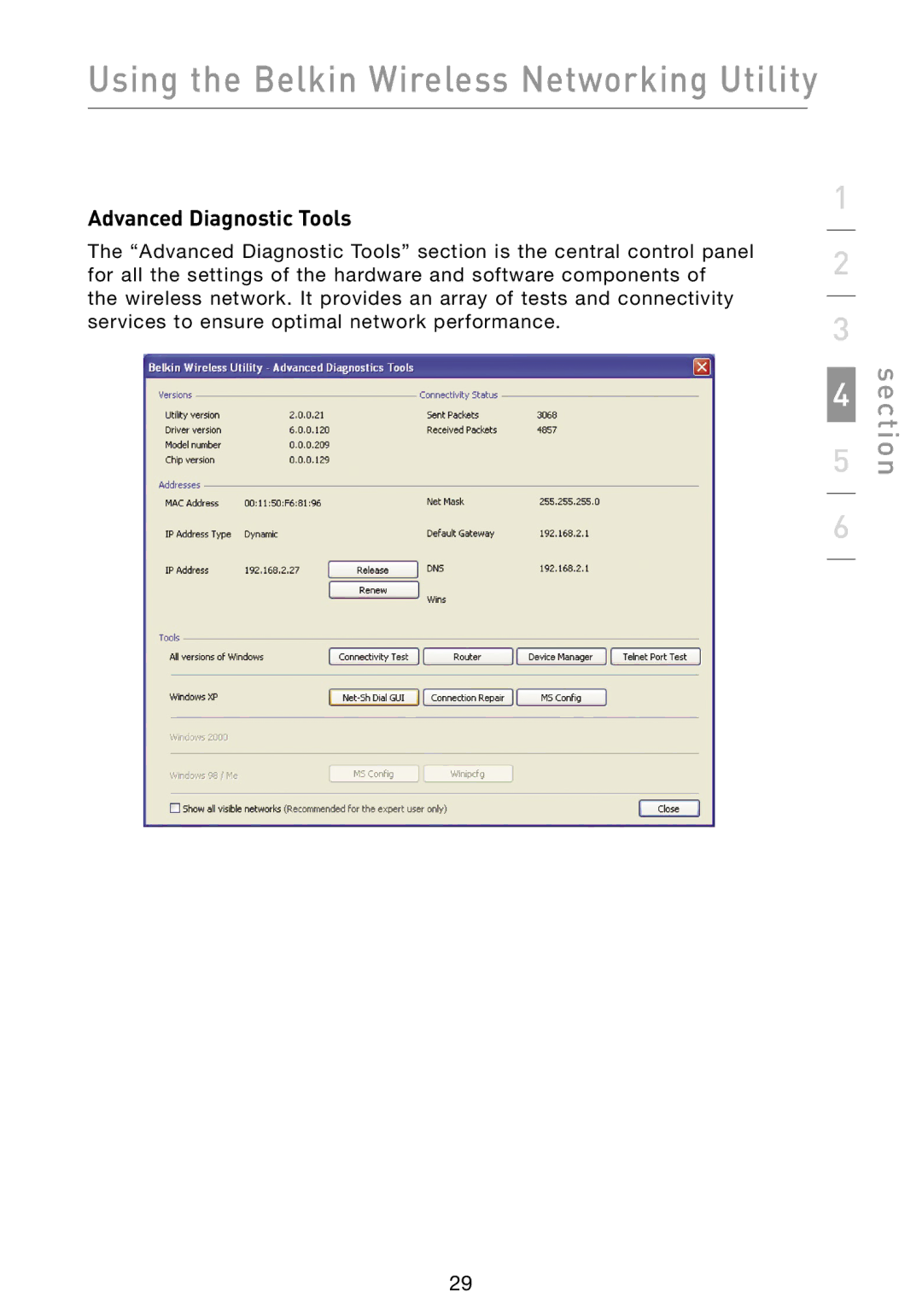 Belkin F5D8013 user manual Advanced Diagnostic Tools 