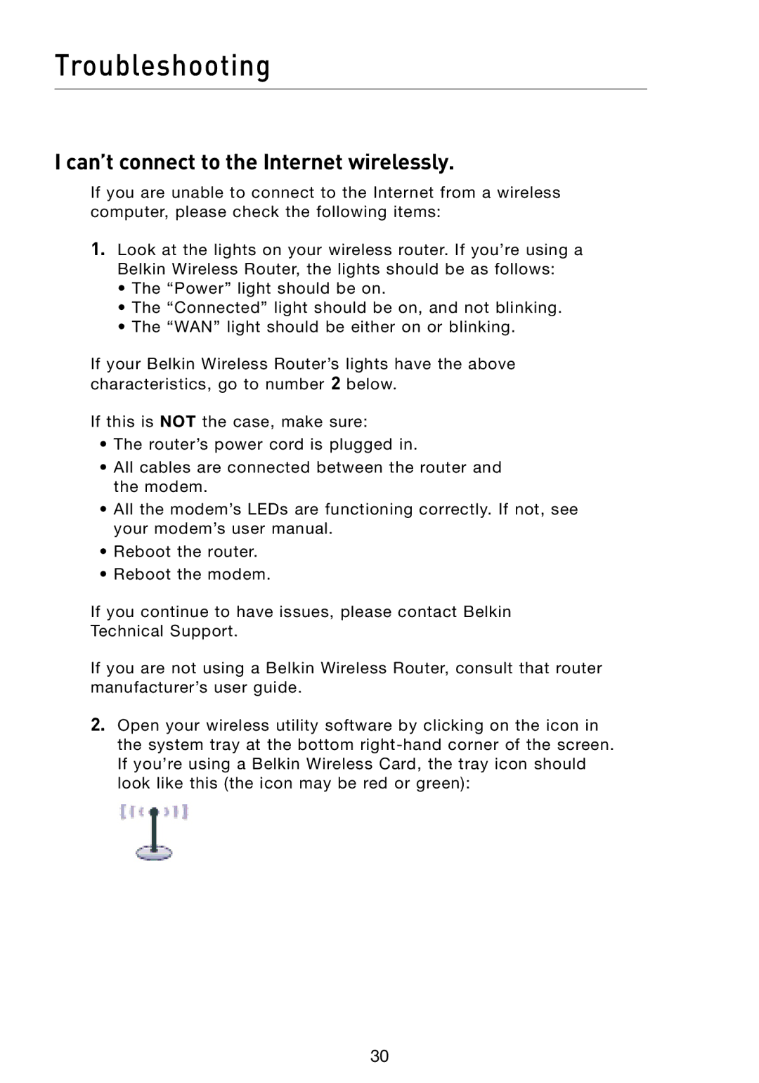 Belkin F5D8013 user manual Troubleshooting, Can’t connect to the Internet wirelessly 