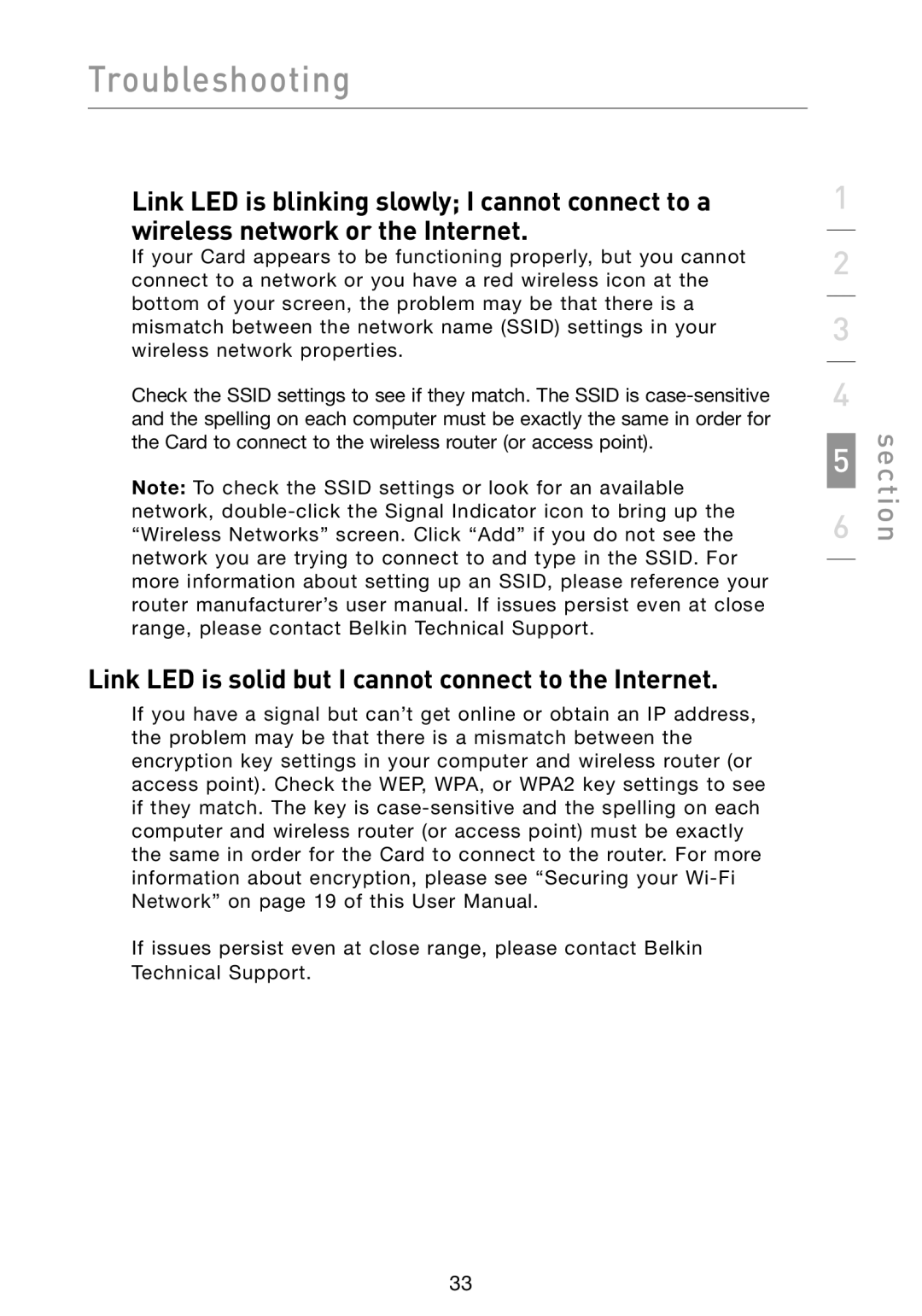 Belkin F5D8013 user manual Link LED is solid but I cannot connect to the Internet 