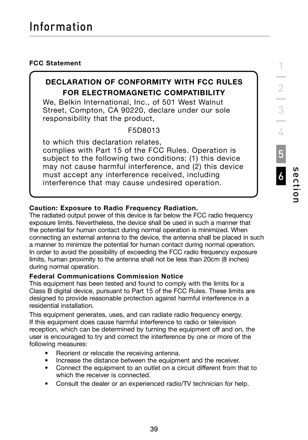 Belkin F5D8013 user manual Information, FCC Statement, Federal Communications Commission Notice 