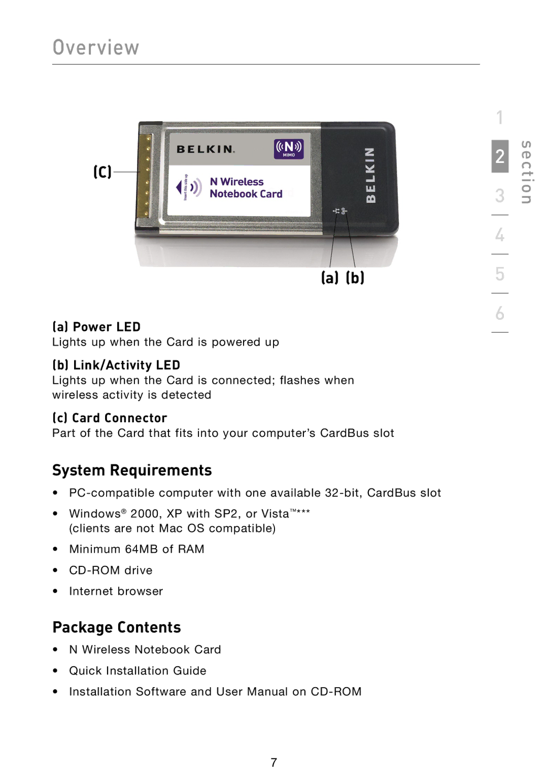 Belkin F5D8013 user manual System Requirements, Package Contents, Power LED, Link/Activity LED, Card Connector 