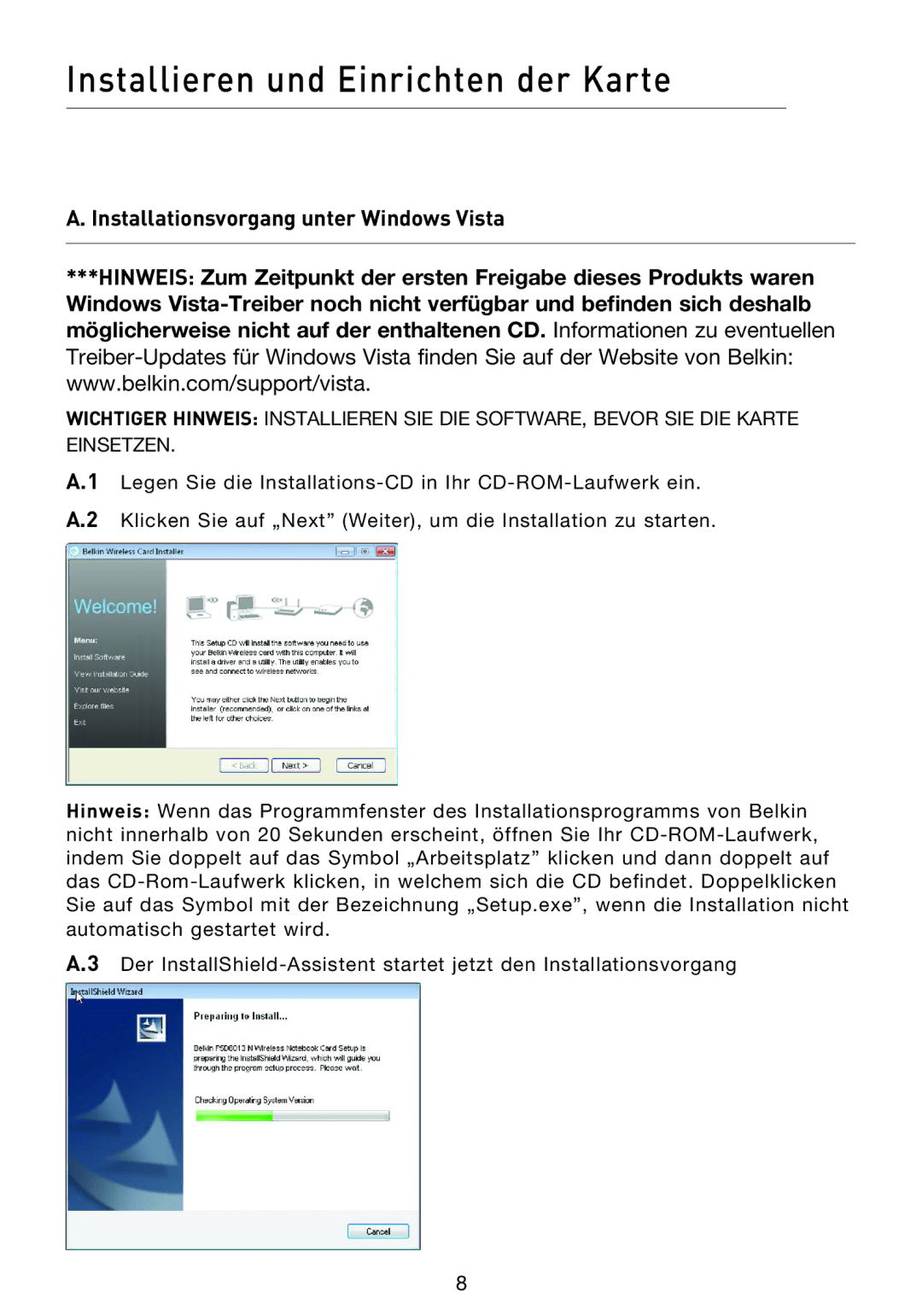 Belkin F5D8013EA user manual Installieren und Einrichten der Karte, Installationsvorgang unter Windows Vista 