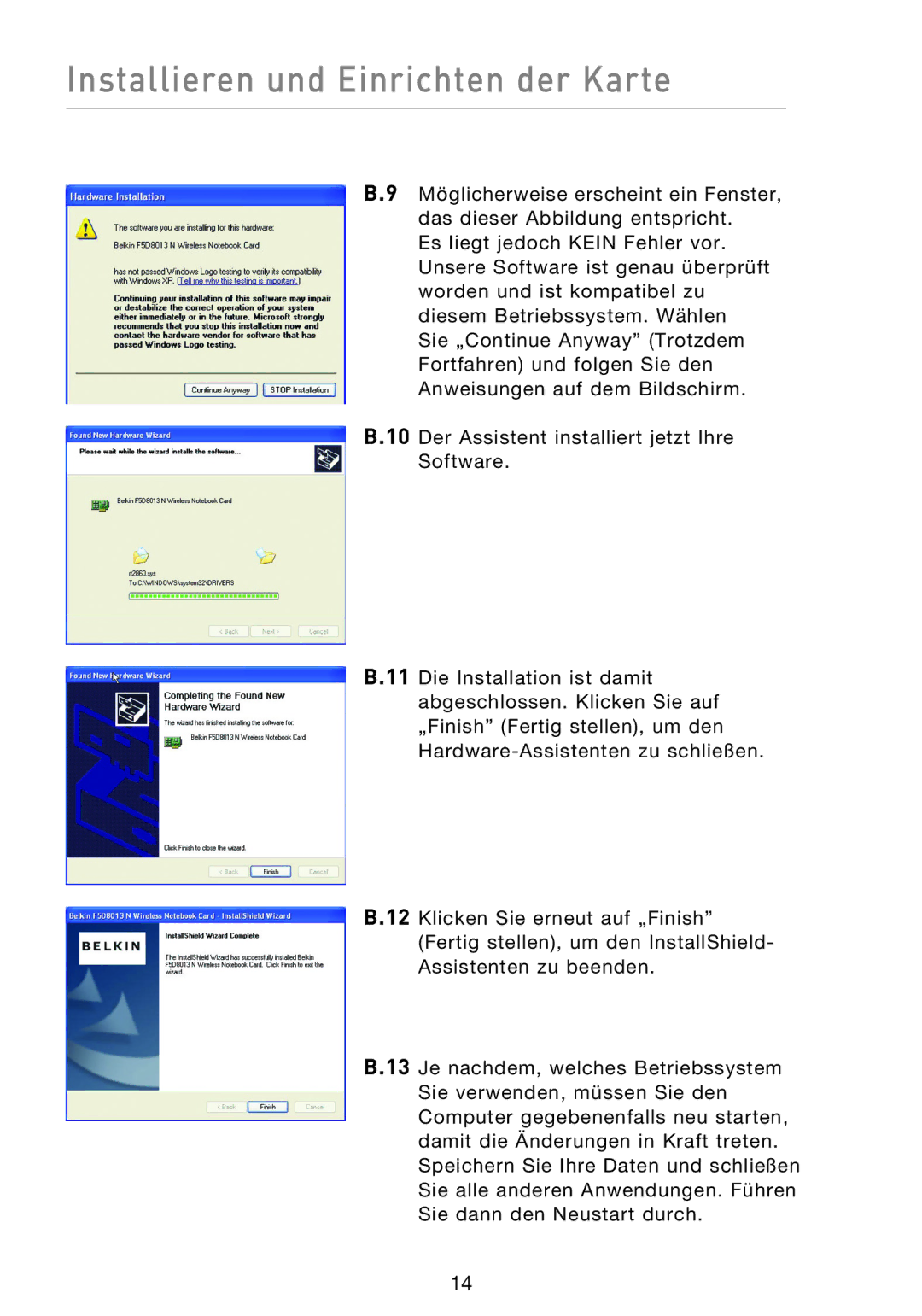 Belkin F5D8013EA user manual Installieren und Einrichten der Karte 