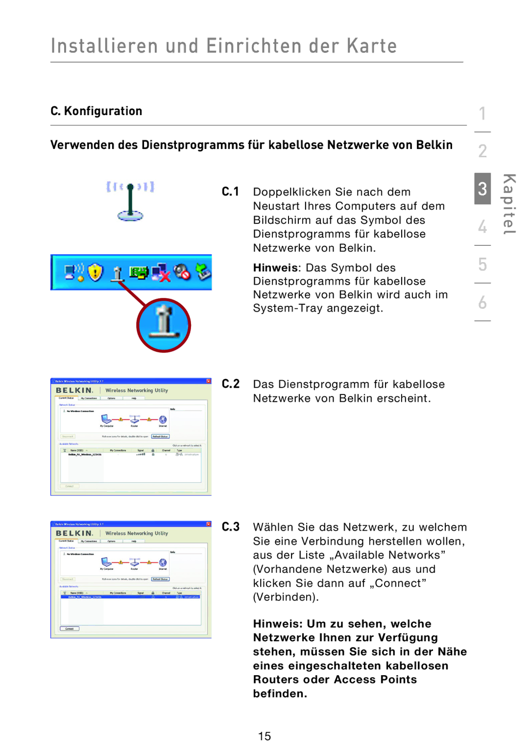 Belkin F5D8013EA user manual Installieren und Einrichten der Karte 