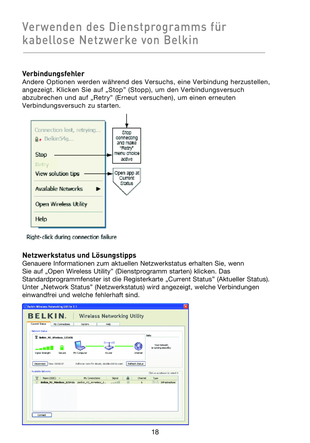 Belkin F5D8013EA user manual Verbindungsfehler, Netzwerkstatus und Lösungstipps 