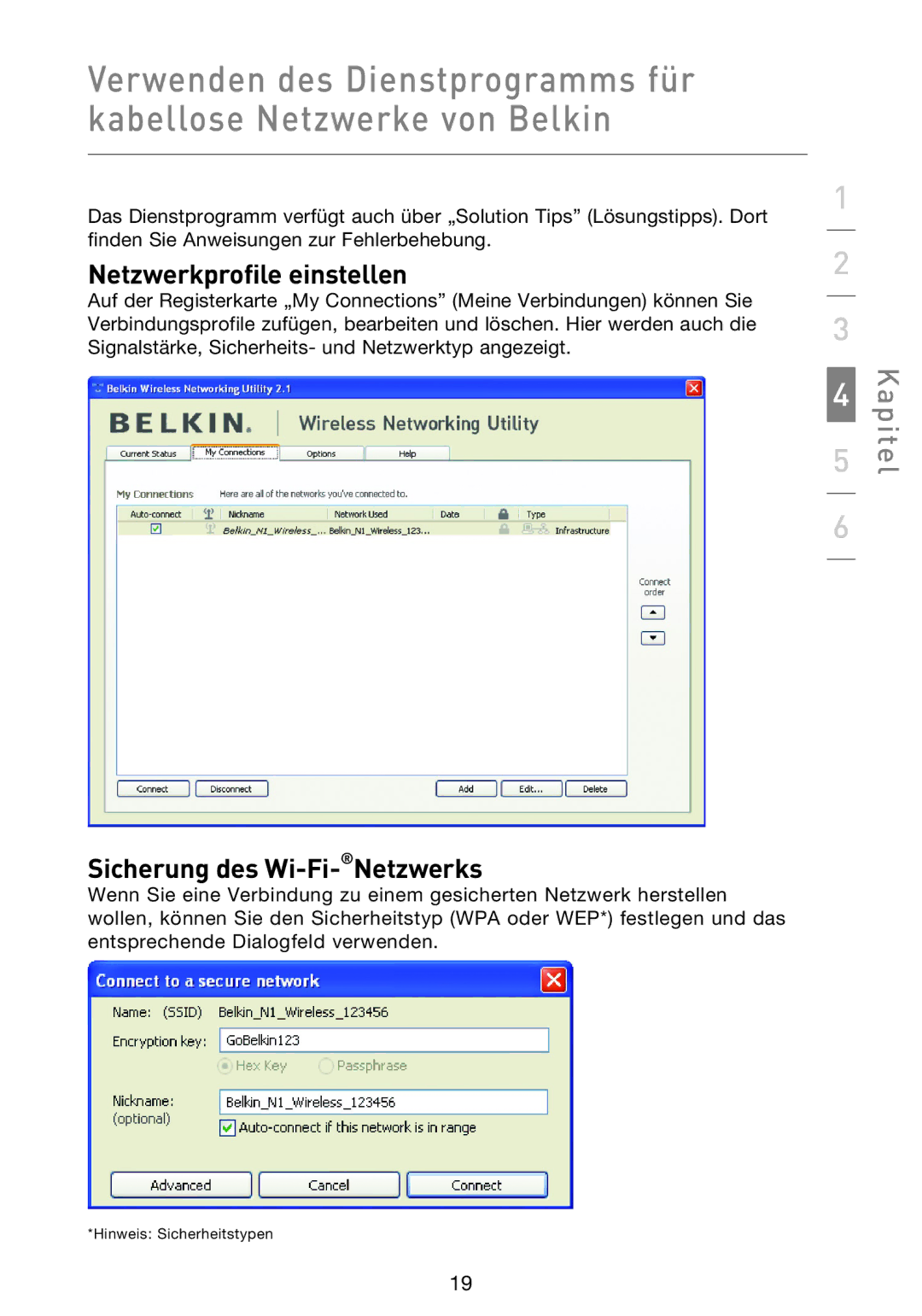 Belkin F5D8013EA user manual Netzwerkprofile einstellen, Sicherung des Wi-Fi-Netzwerks 