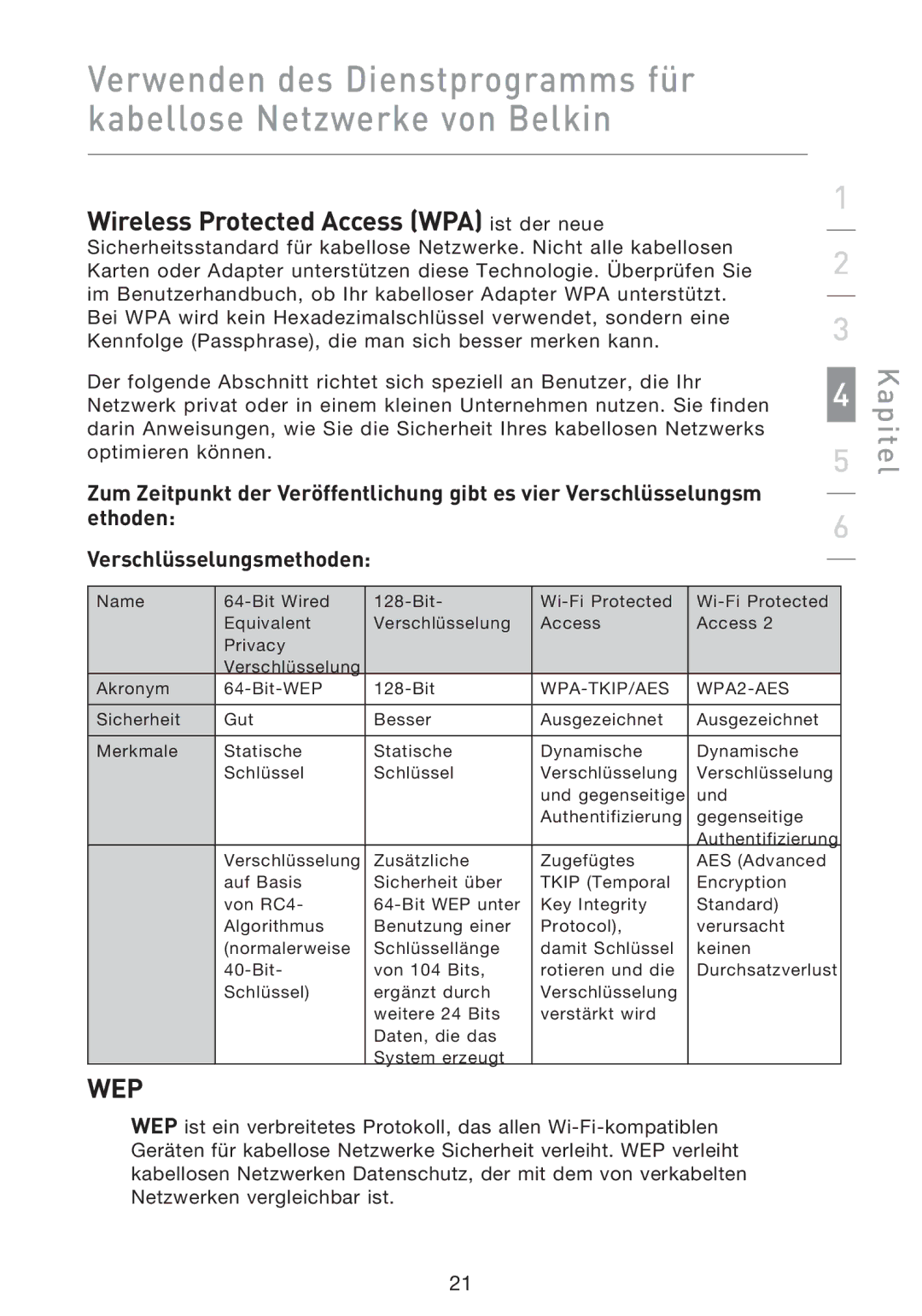 Belkin F5D8013EA user manual Wireless Protected Access WPA ist der neue, Verschlüsselungsmethoden 