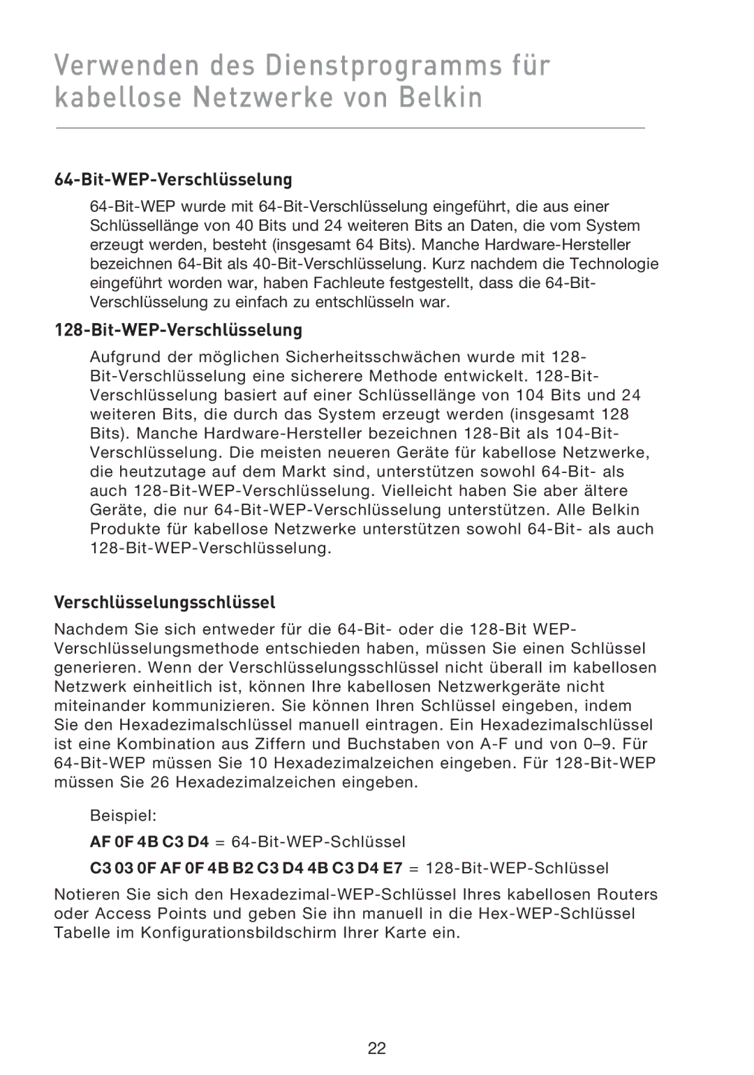 Belkin F5D8013EA user manual Bit-WEP-Verschlüsselung, Verschlüsselungsschlüssel 