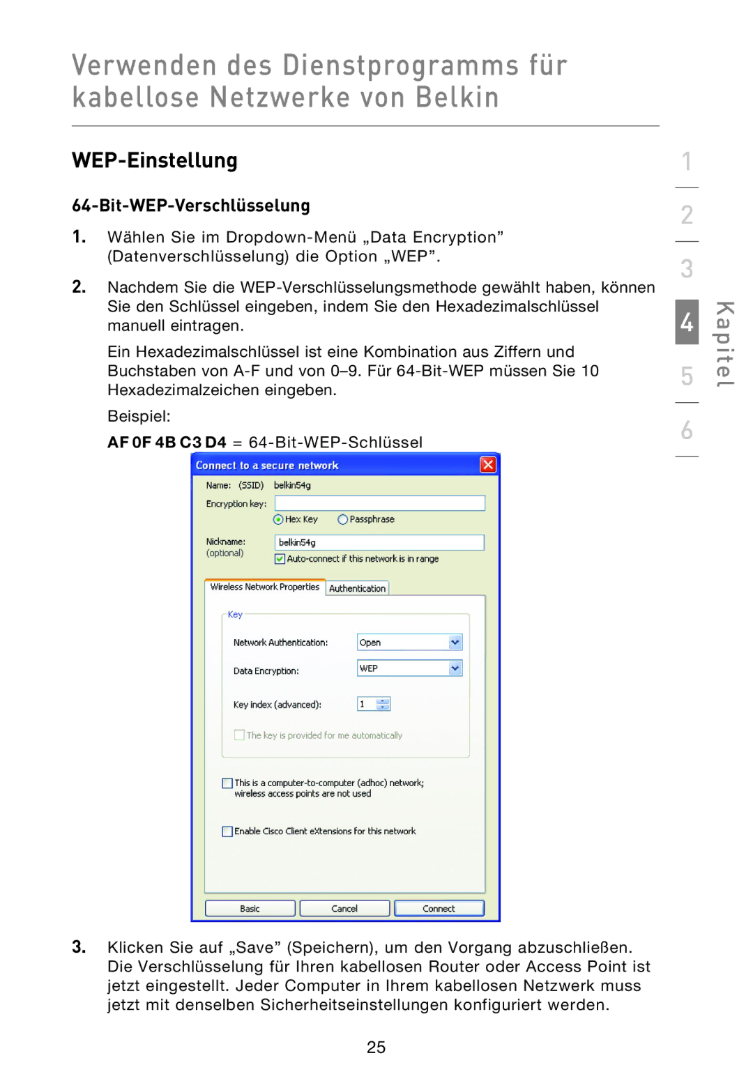 Belkin F5D8013EA user manual WEP-Einstellung, Bit-WEP-Verschlüsselung 