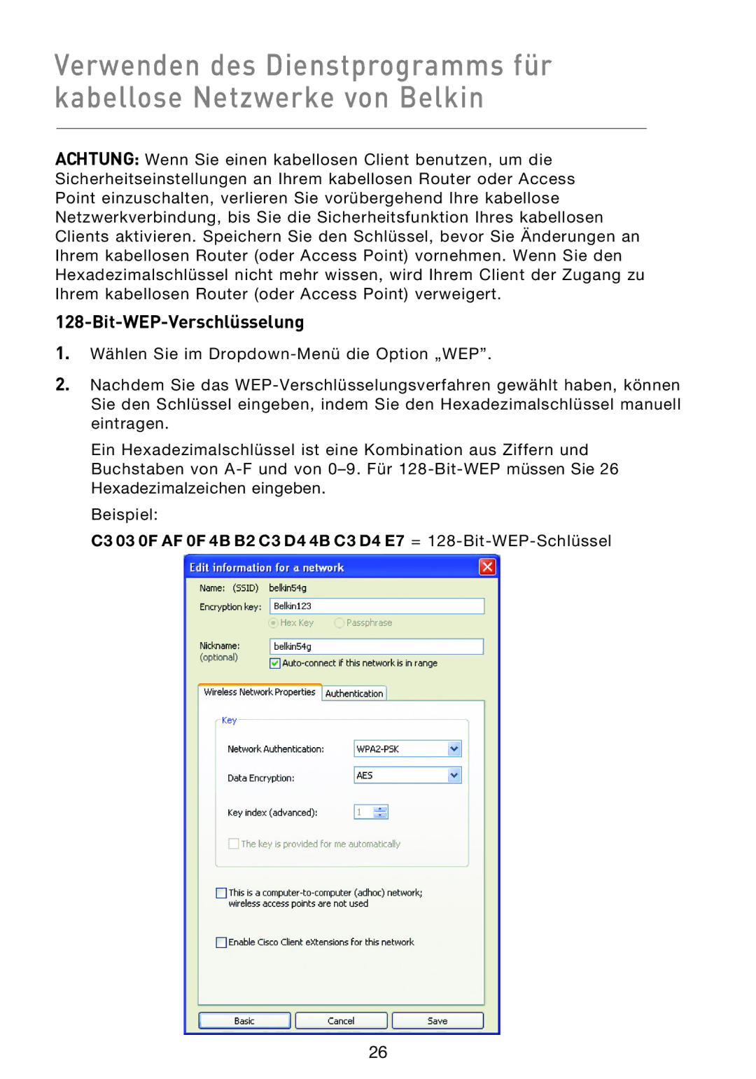 Belkin F5D8013EA user manual Bit-WEP-Verschlüsselung 