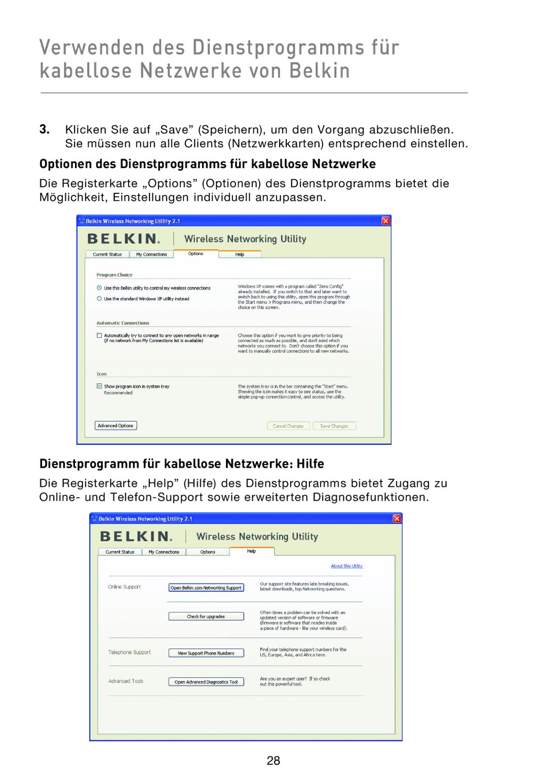 Belkin F5D8013EA Optionen des Dienstprogramms für kabellose Netzwerke, Dienstprogramm für kabellose Netzwerke Hilfe 