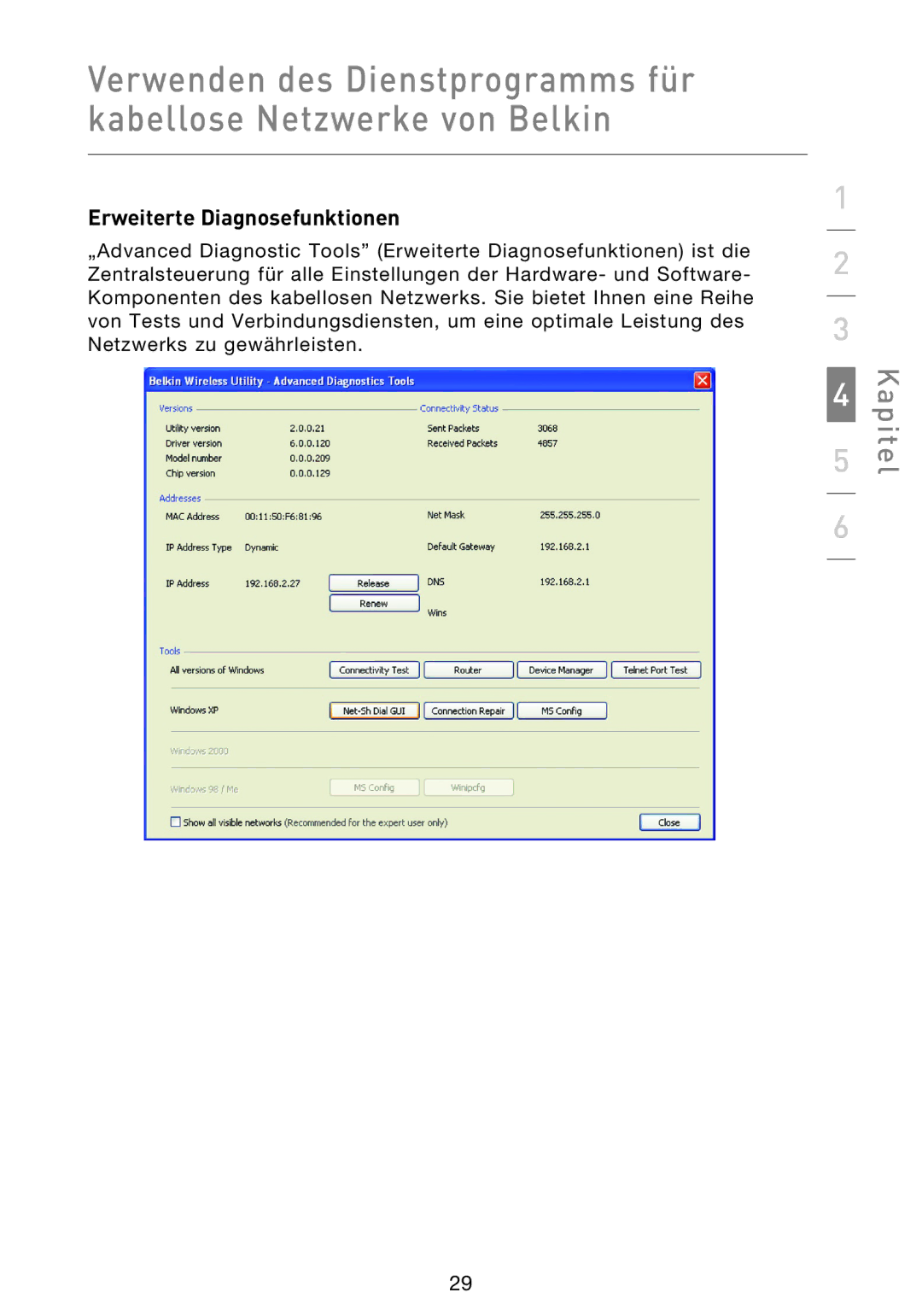 Belkin F5D8013EA user manual Erweiterte Diagnosefunktionen 