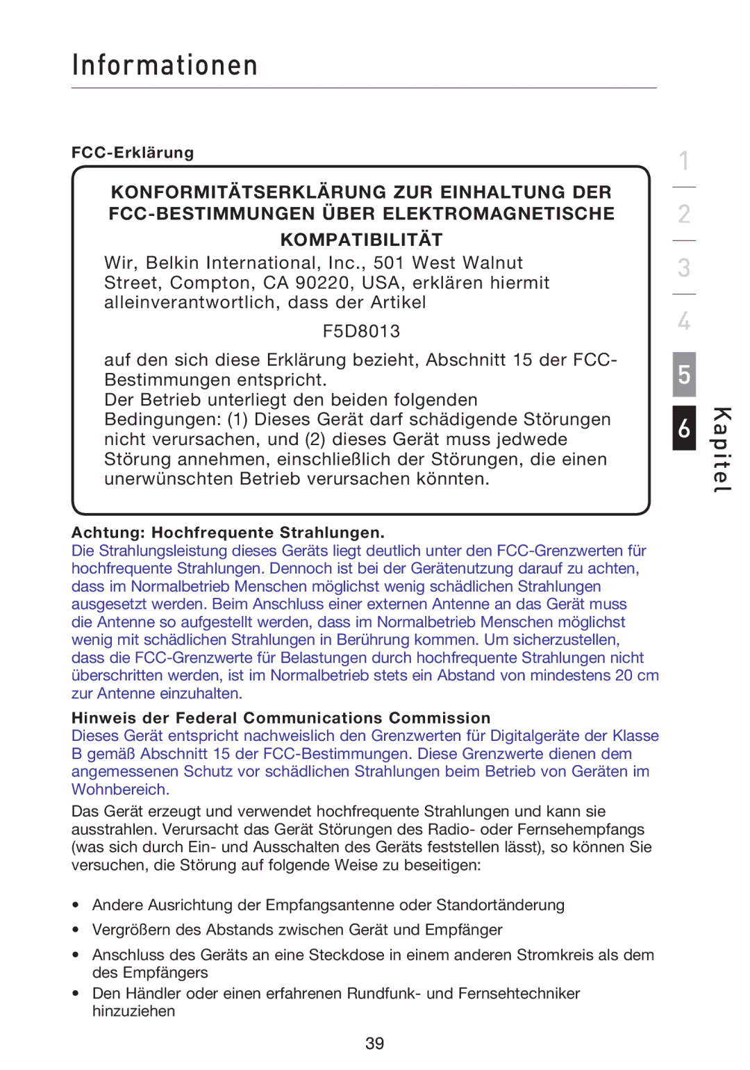 Belkin F5D8013EA user manual Informationen, FCC-Erklärung, Achtung Hochfrequente Strahlungen 