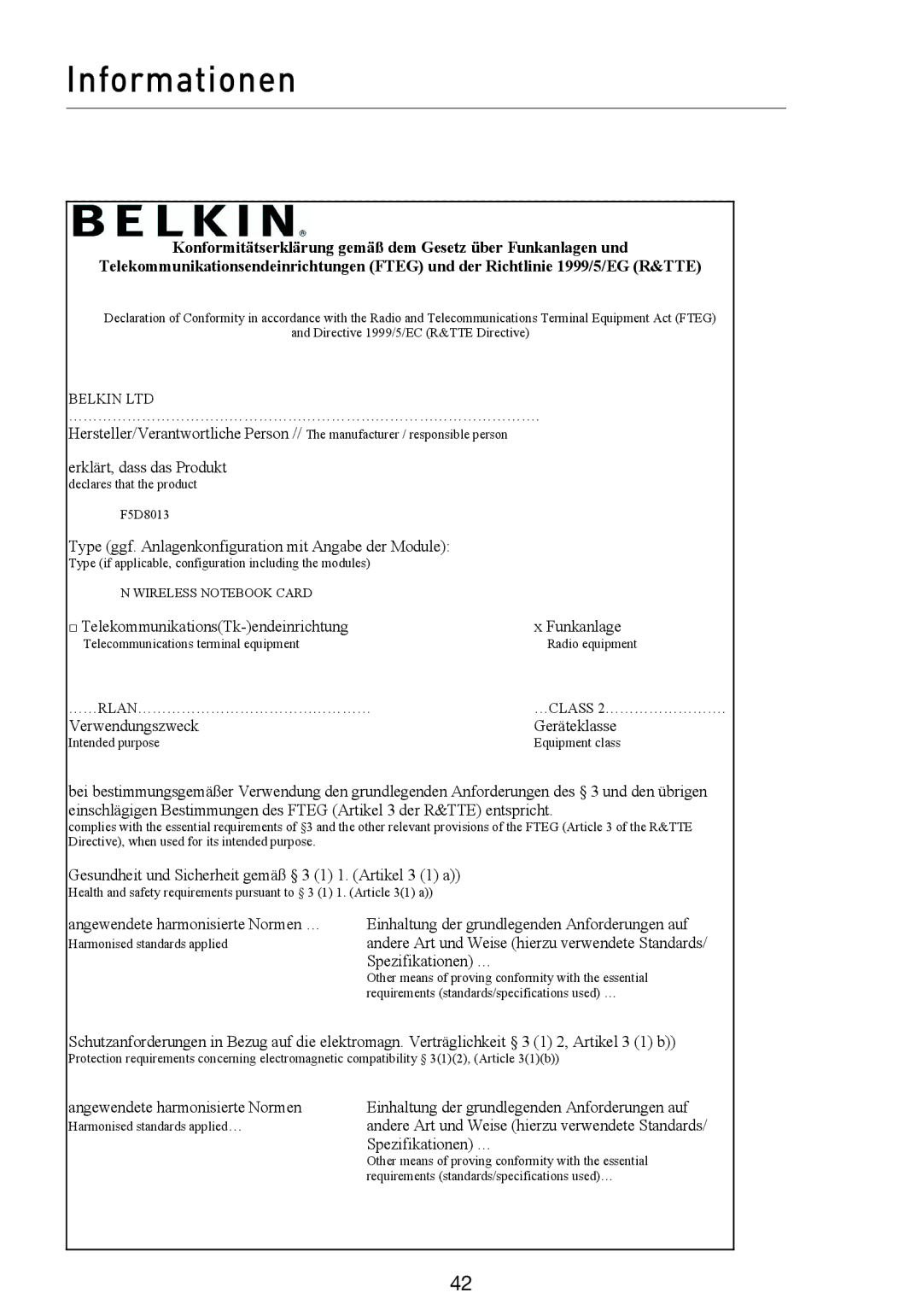 Belkin F5D8013EA user manual Type ggf. Anlagenkonfiguration mit Angabe der Module 