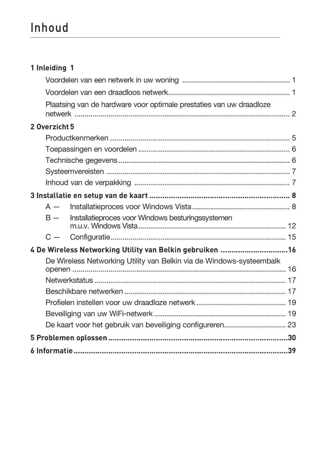 Belkin F5D8013EA user manual Inhoud 