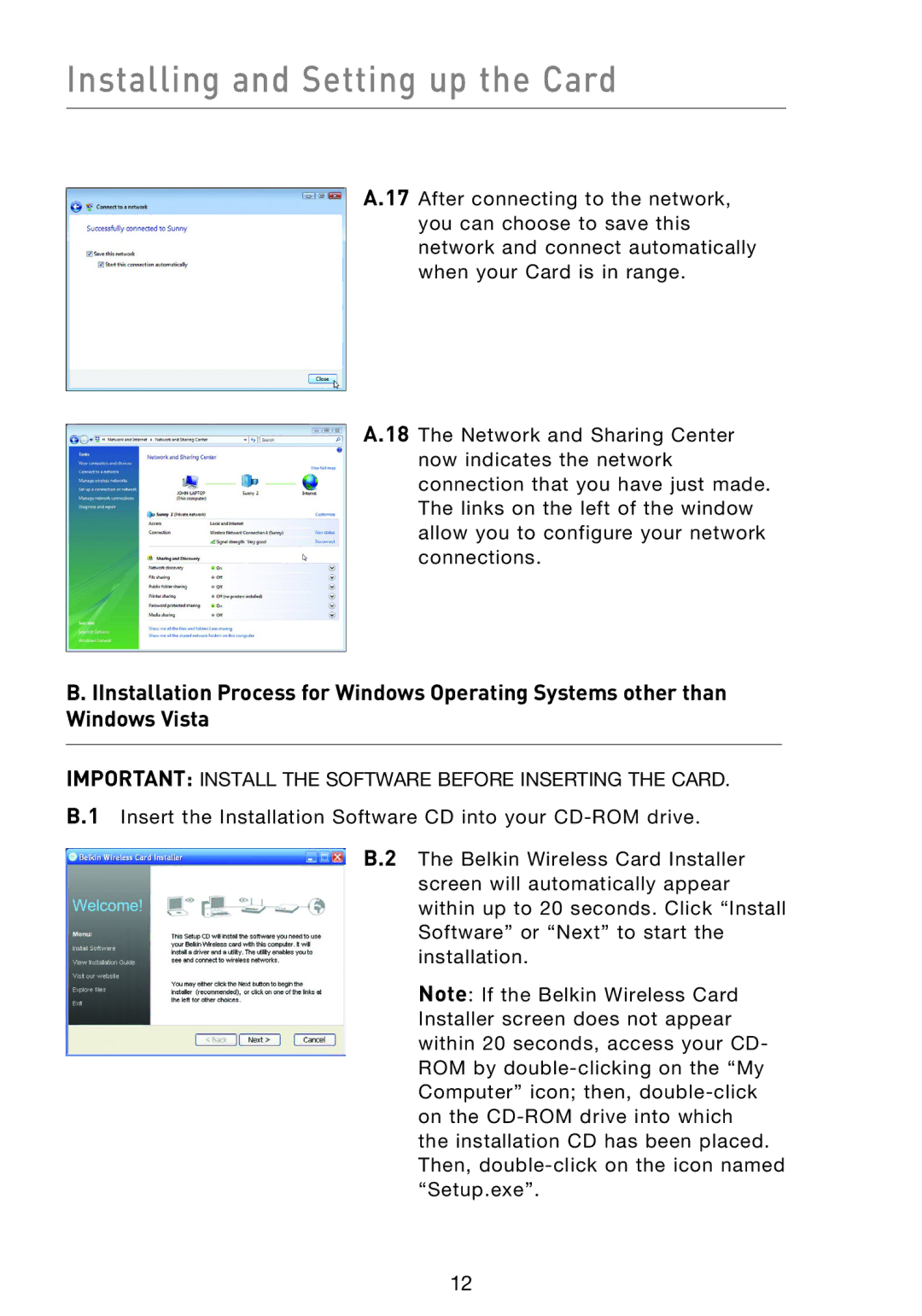 Belkin F5D8013EA user manual Installing and Setting up the Card 