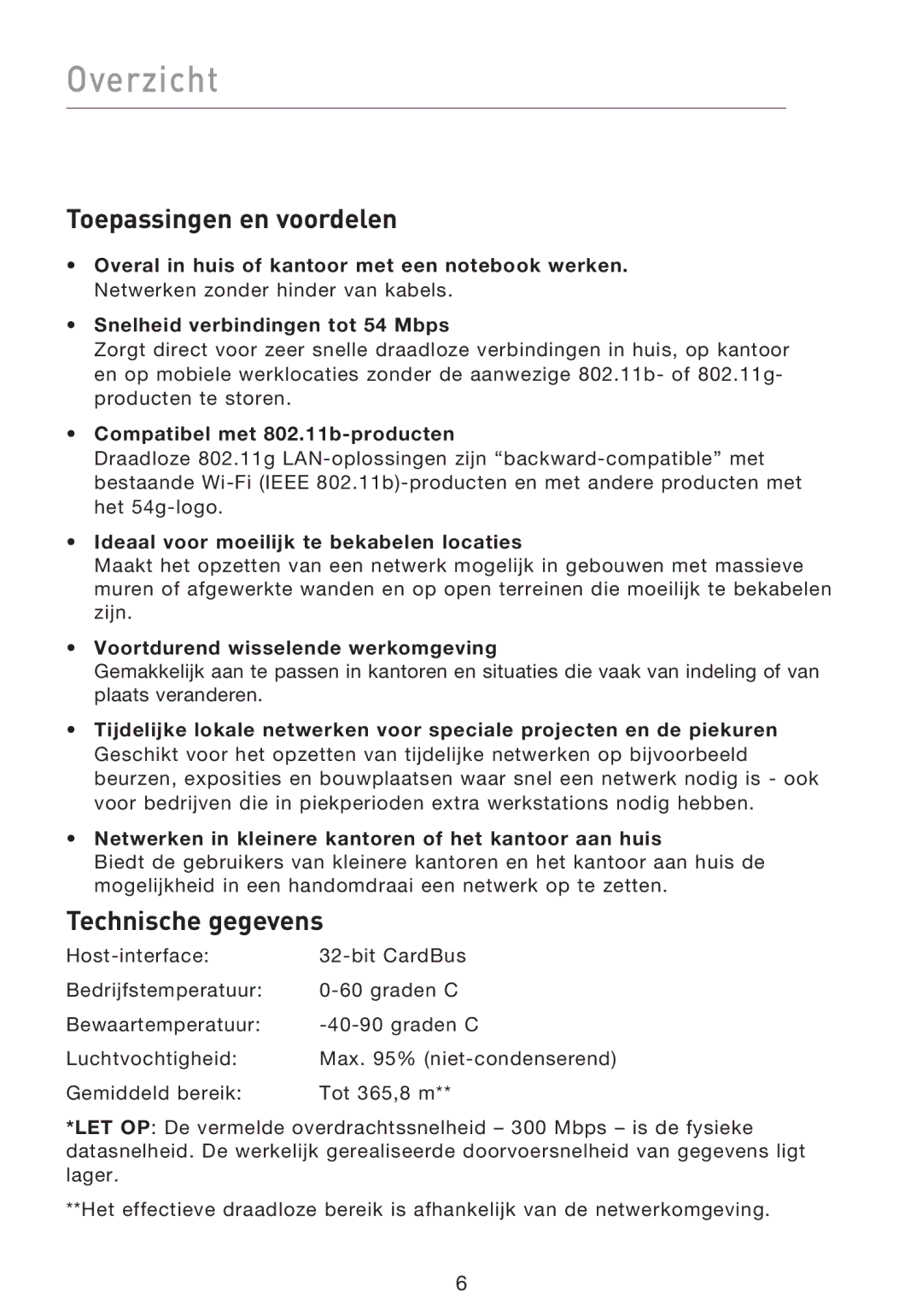 Belkin F5D8013EA user manual Overzicht, Toepassingen en voordelen, Technische gegevens 