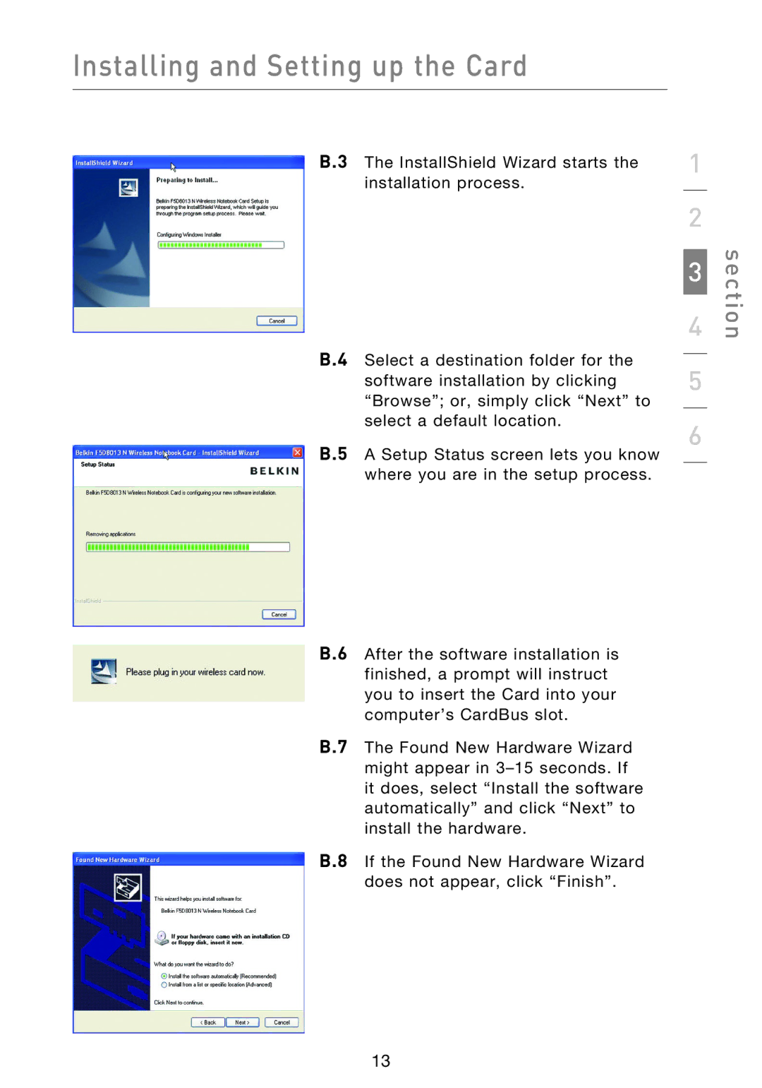 Belkin F5D8013EA user manual Installing and Setting up the Card 