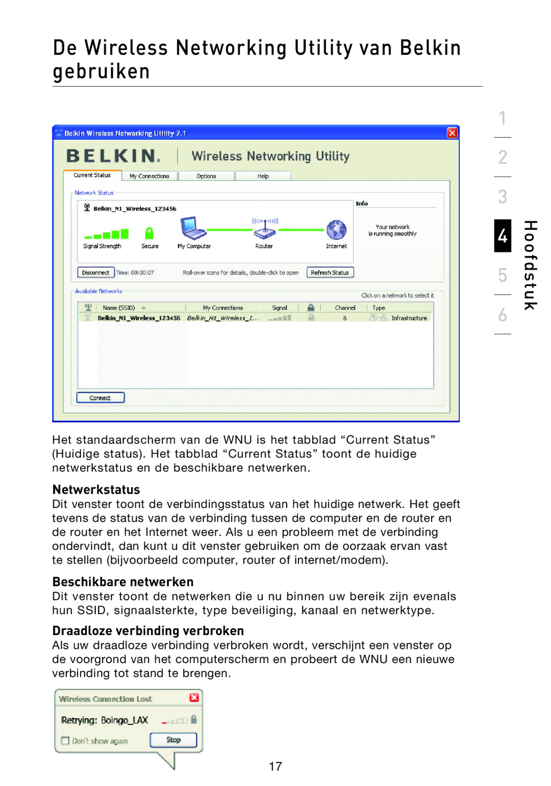 Belkin F5D8013EA user manual Netwerkstatus, Beschikbare netwerken, Draadloze verbinding verbroken 