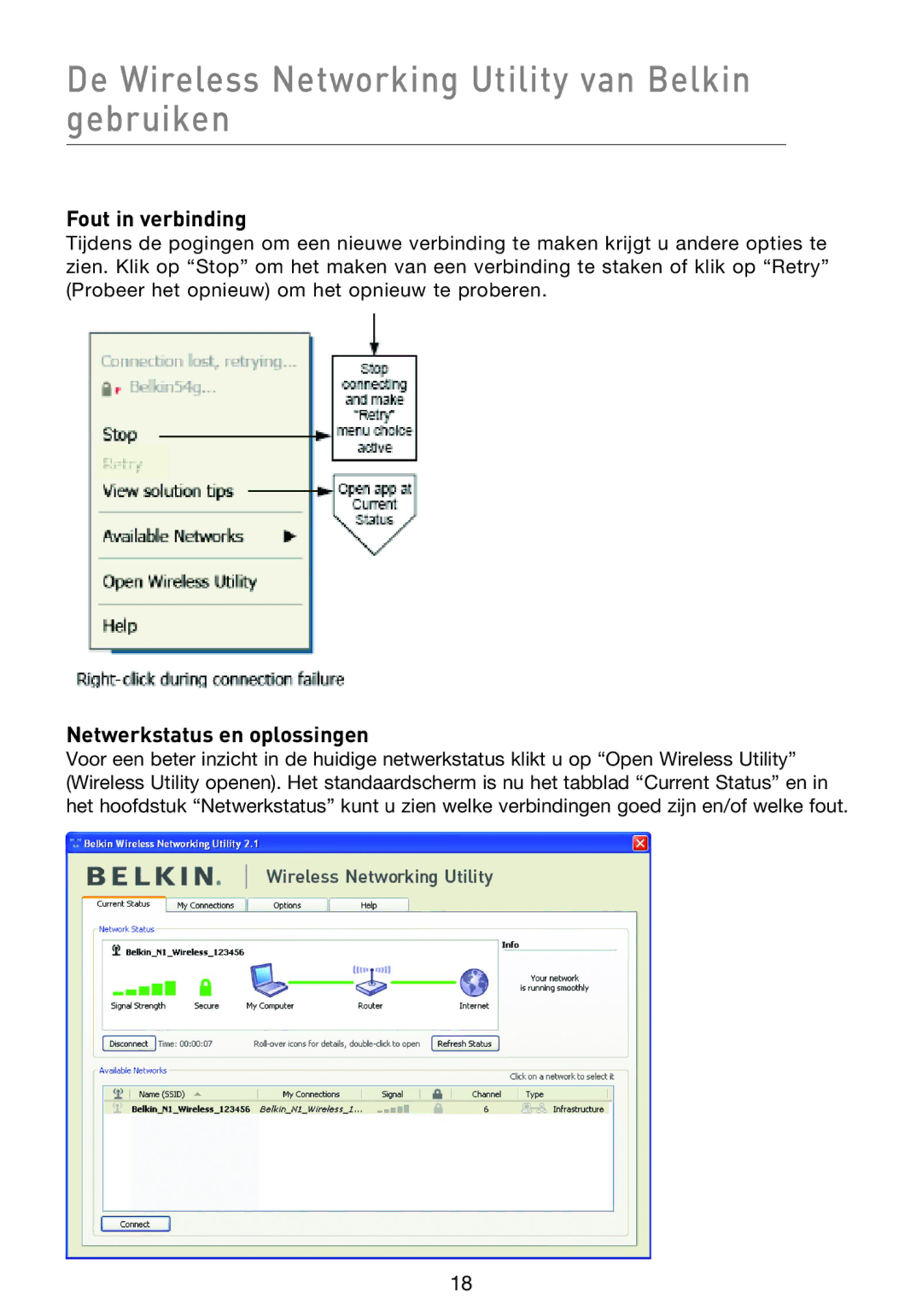 Belkin F5D8013EA De Wireless Networking Utility van Belkin gebruiken, Fout in verbinding, Netwerkstatus en oplossingen 