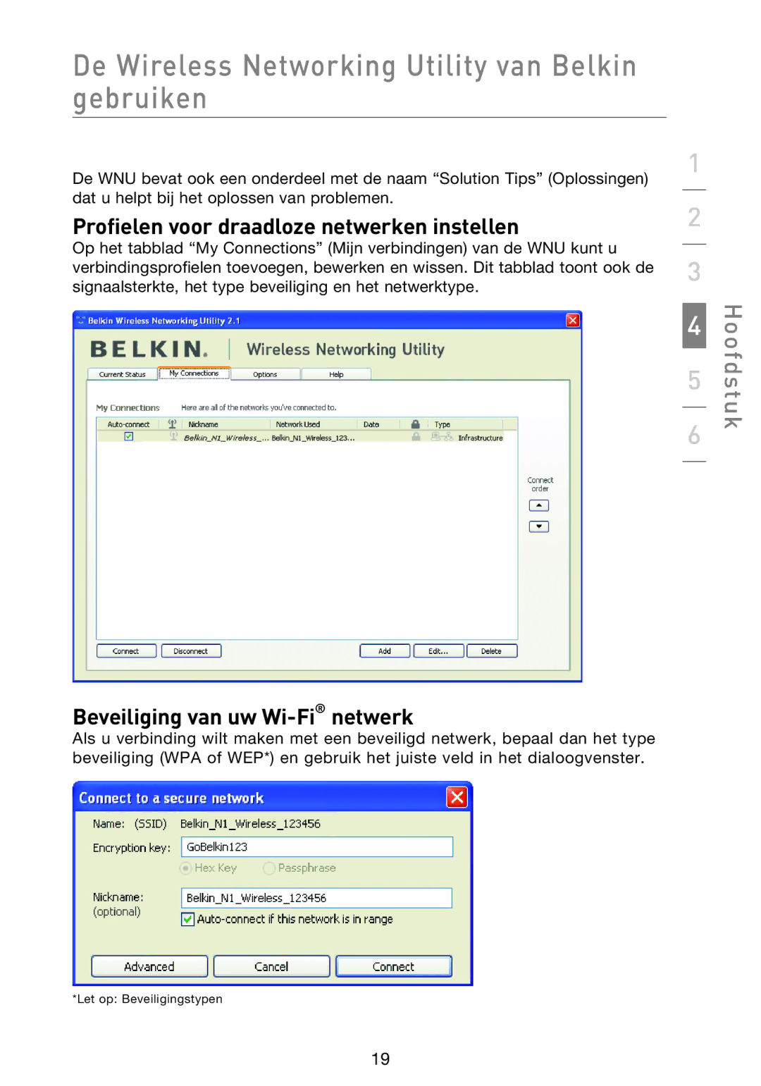 Belkin F5D8013EA user manual Profielen voor draadloze netwerken instellen, Beveiliging van uw Wi-Finetwerk 