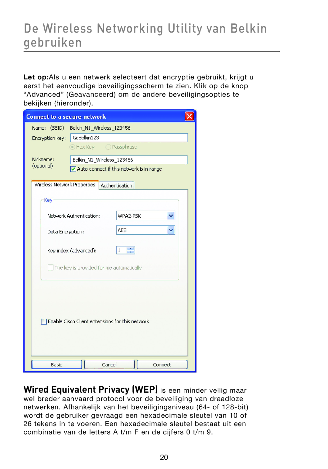 Belkin F5D8013EA user manual Wired Equivalent Privacy WEP is een minder veilig maar 