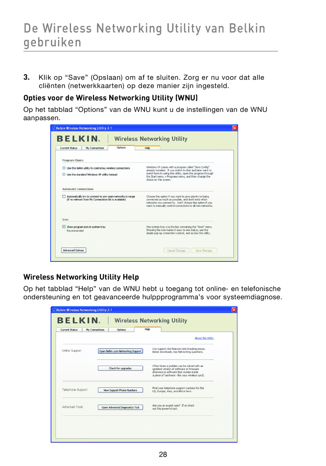 Belkin F5D8013EA user manual Opties voor de Wireless Networking Utility WNU, Wireless Networking Utility Help 