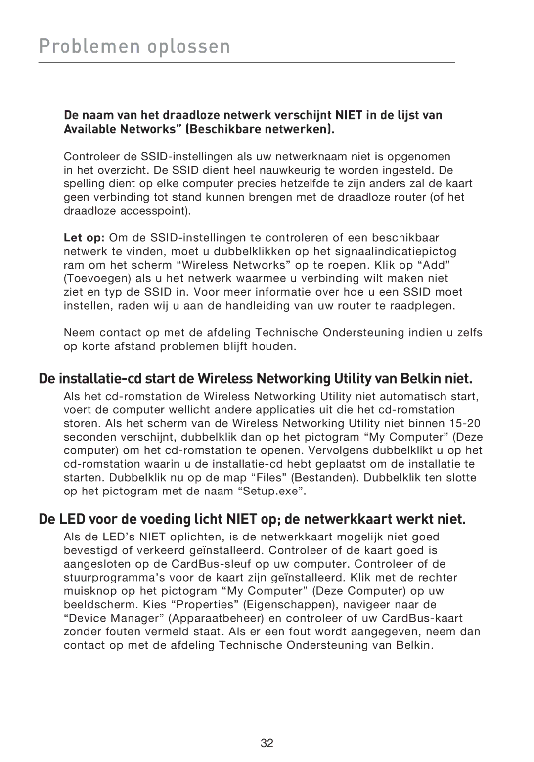 Belkin F5D8013EA user manual Problemen oplossen 