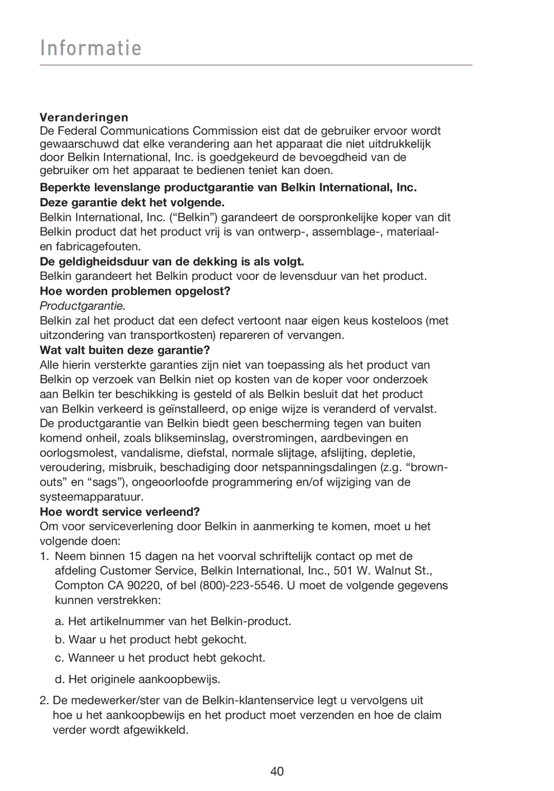 Belkin F5D8013EA user manual Informatie 