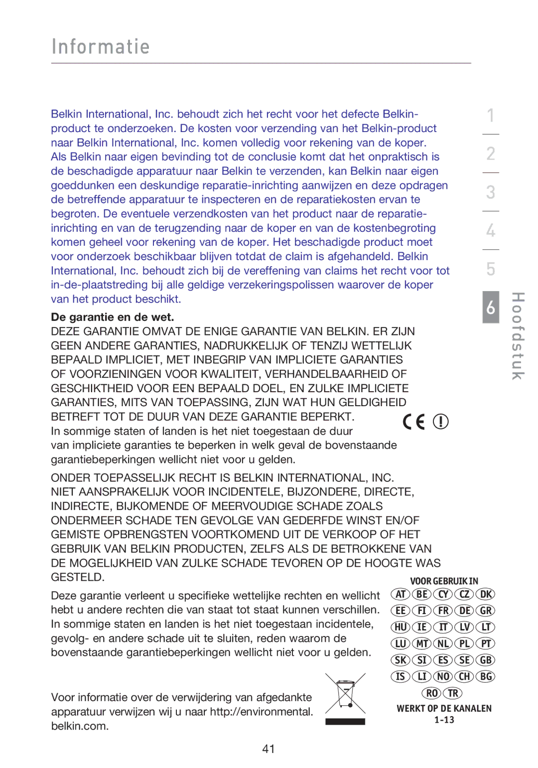 Belkin F5D8013EA user manual De garantie en de wet, Voor informatie over de verwijdering van afgedankte, Belkin.com 