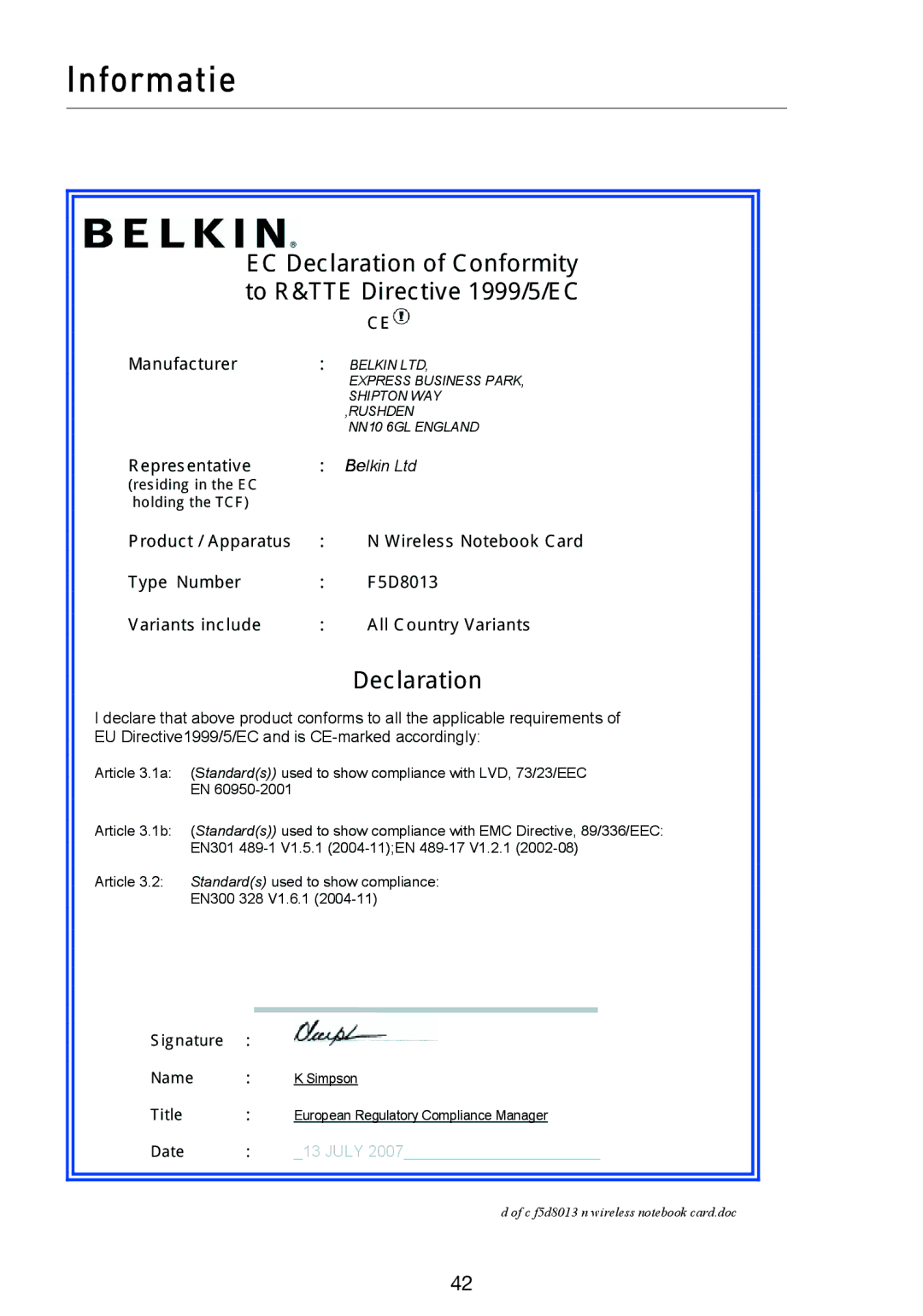 Belkin F5D8013EA user manual Informatie 