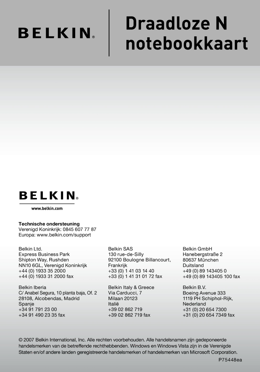 Belkin F5D8013EA user manual Draadloze N notebookkaart 