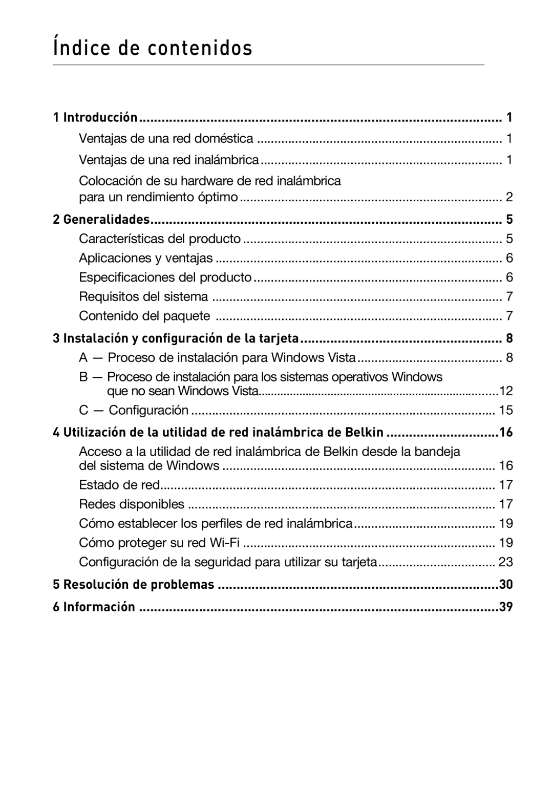 Belkin F5D8013EA user manual Índice de contenidos 