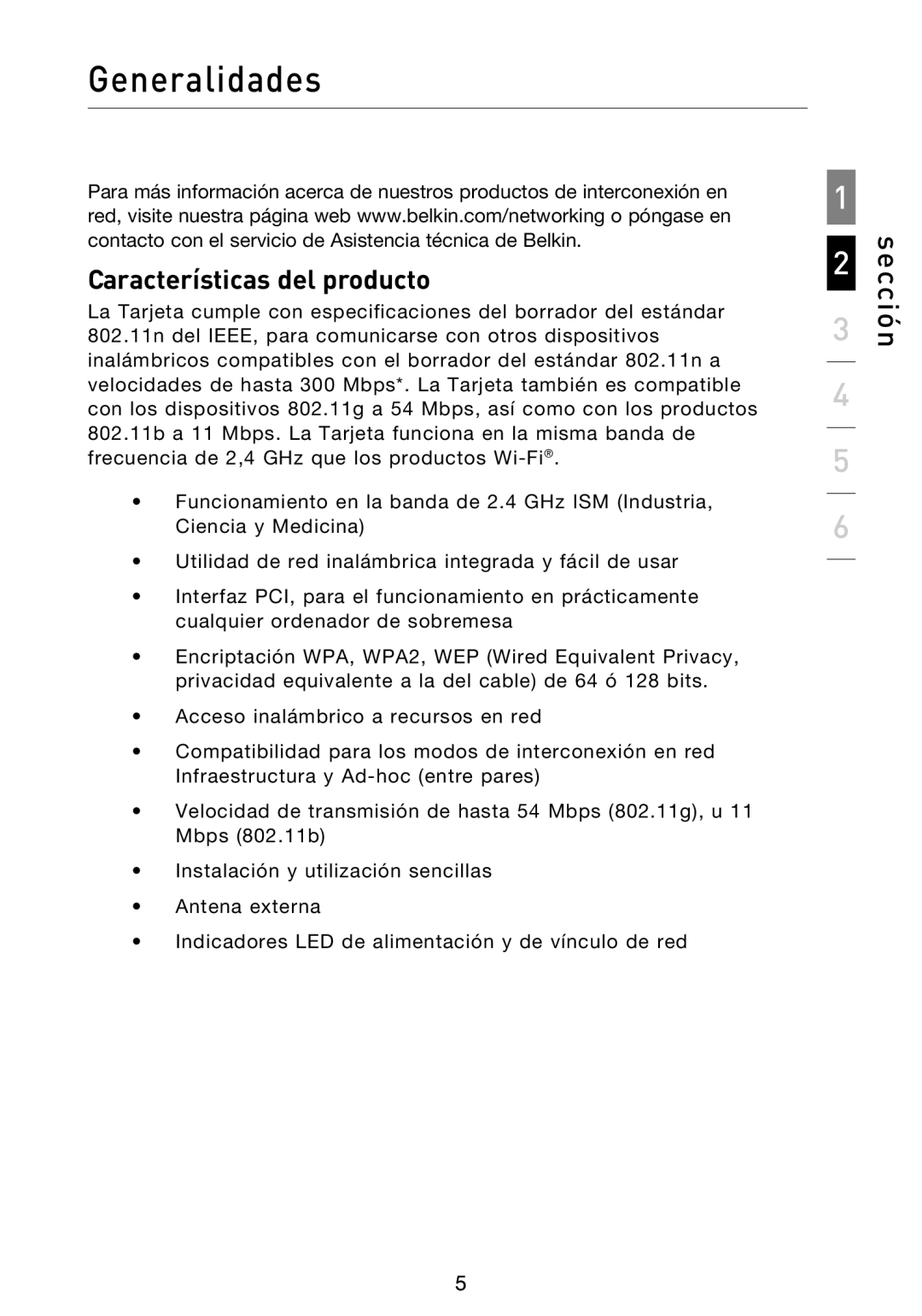 Belkin F5D8013EA user manual Generalidades, Características del producto 