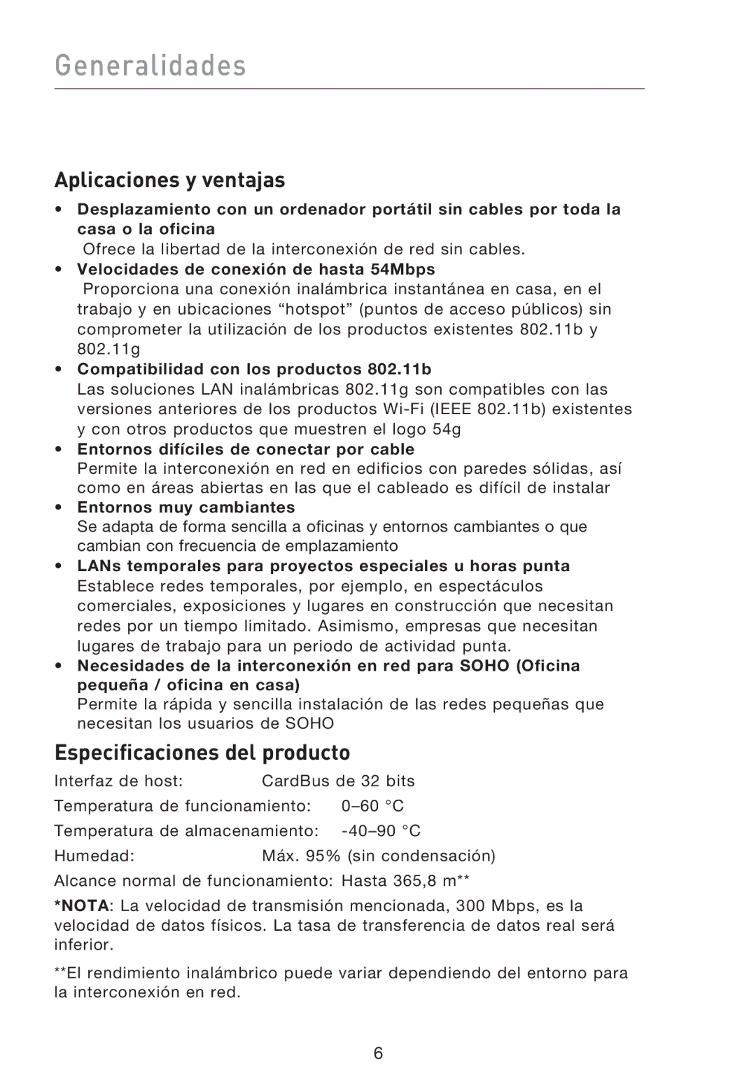 Belkin F5D8013EA user manual Generalidades, Aplicaciones y ventajas, Especificaciones del producto 