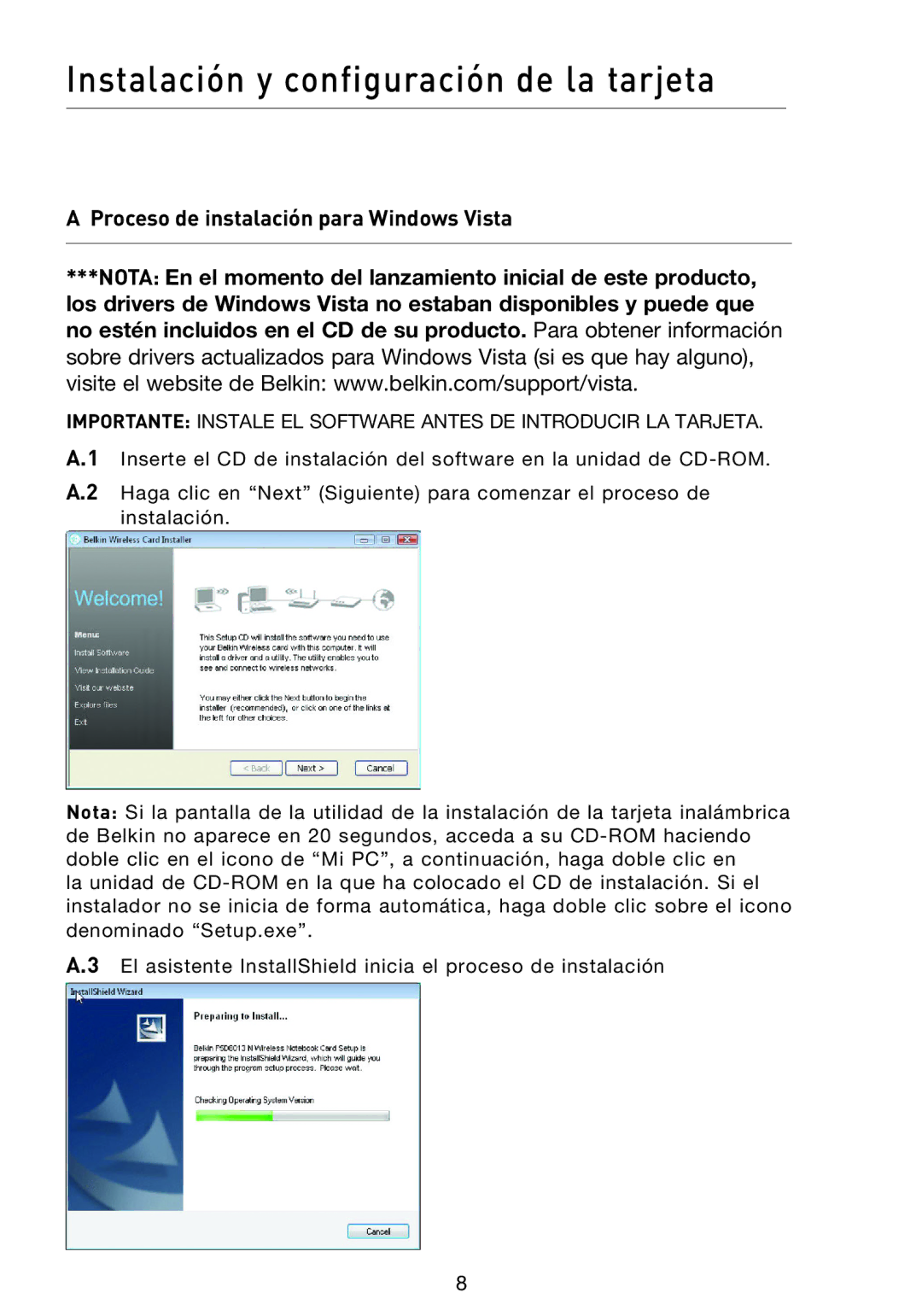 Belkin F5D8013EA user manual Instalación y configuración de la tarjeta, Proceso de instalación para Windows Vista 