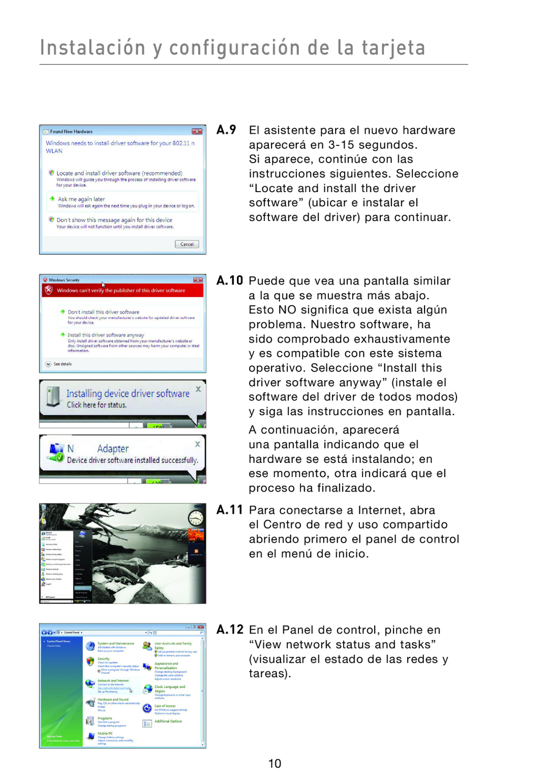 Belkin F5D8013EA user manual Instalación y configuración de la tarjeta 