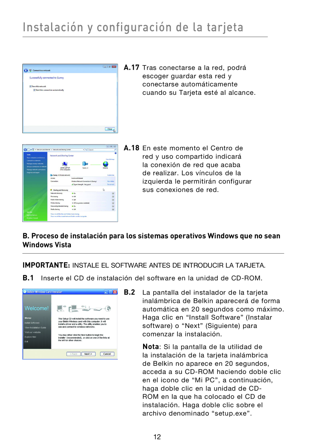 Belkin F5D8013EA user manual Instalación y configuración de la tarjeta 