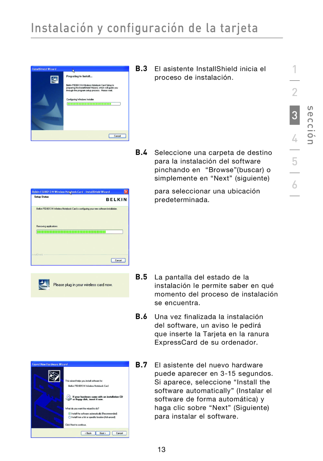 Belkin F5D8013EA user manual Instalación y configuración de la tarjeta 