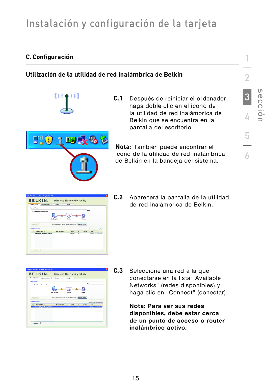 Belkin F5D8013EA user manual Instalación y configuración de la tarjeta 