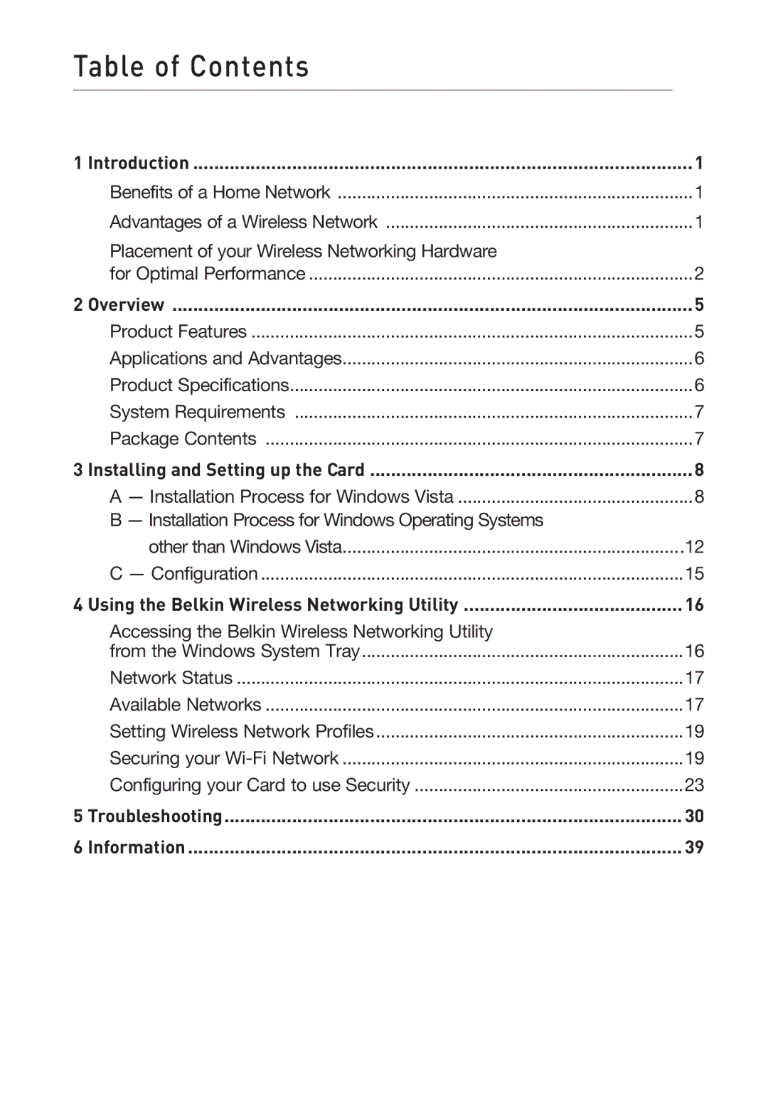 Belkin F5D8013EA user manual Table of Contents 