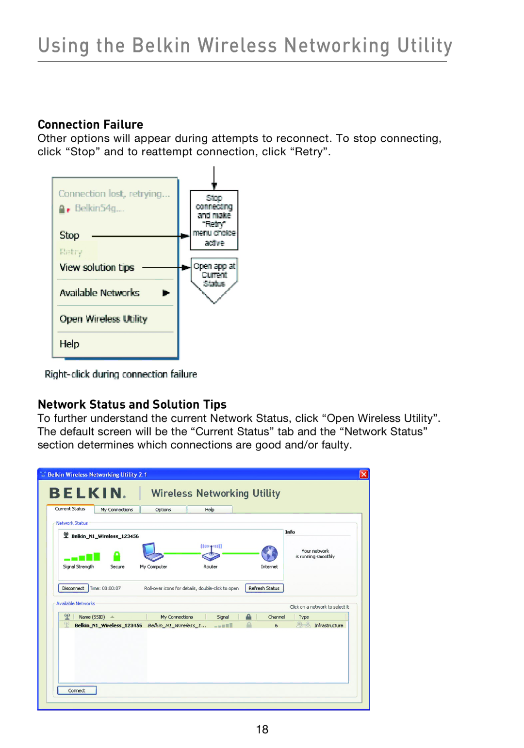 Belkin F5D8013EA Using the Belkin Wireless Networking Utility, Connection Failure, Network Status and Solution Tips 