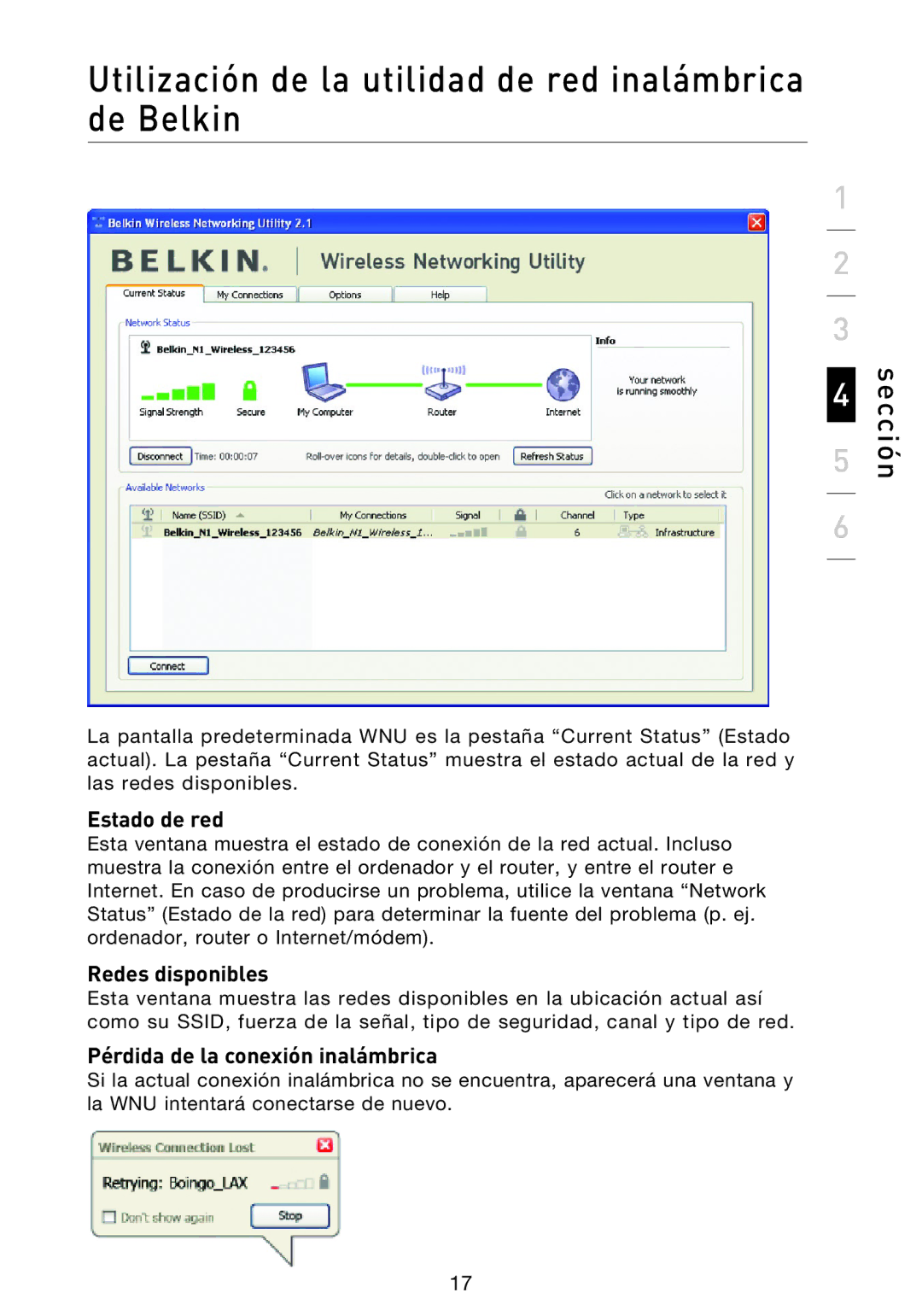 Belkin F5D8013EA user manual Estado de red, Redes disponibles, Pérdida de la conexión inalámbrica 