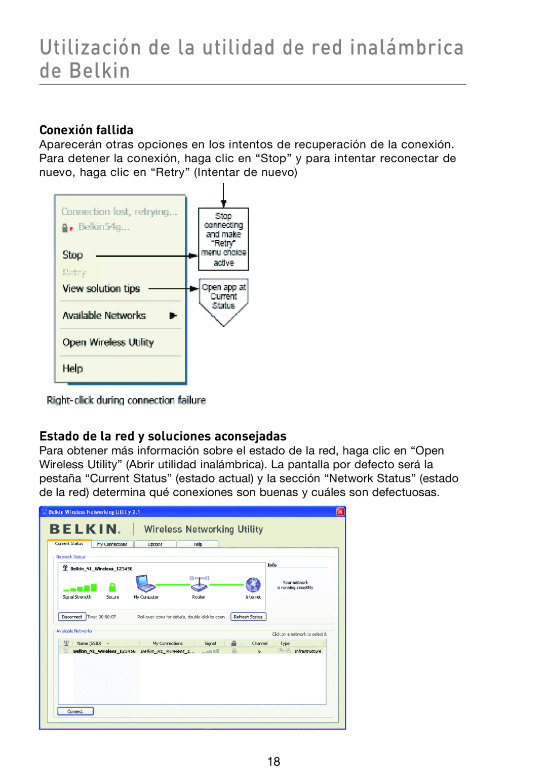 Belkin F5D8013EA user manual Utilización de la utilidad de red inalámbrica de Belkin, Conexión fallida 