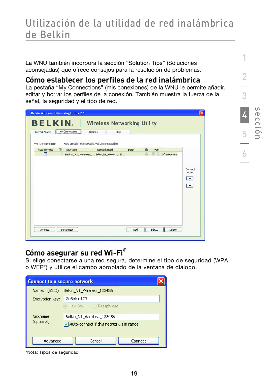 Belkin F5D8013EA user manual Cómo establecer los perfiles de la red inalámbrica, Cómo asegurar su red Wi-Fi 