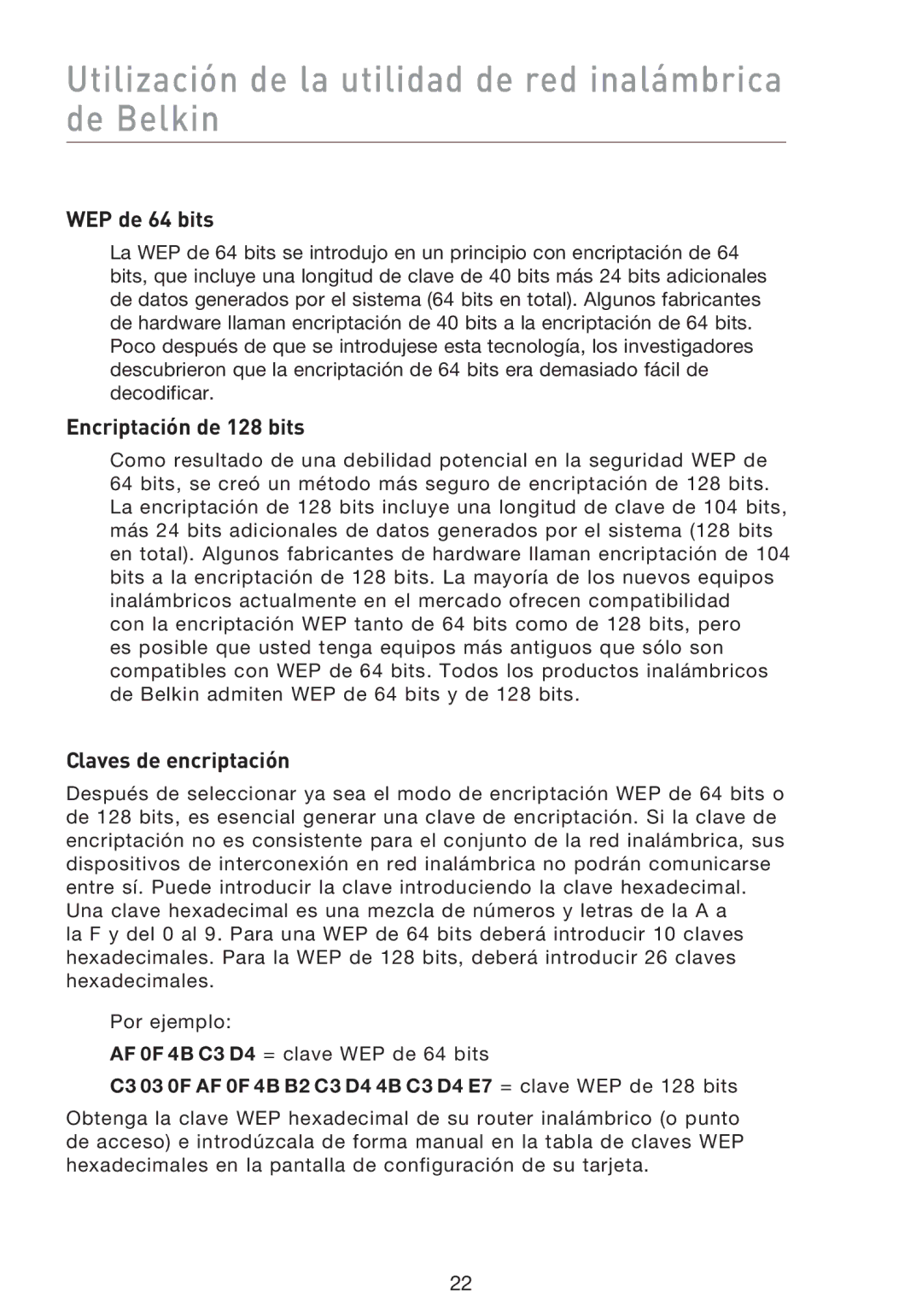 Belkin F5D8013EA user manual WEP de 64 bits, Encriptación de 128 bits, Claves de encriptación 