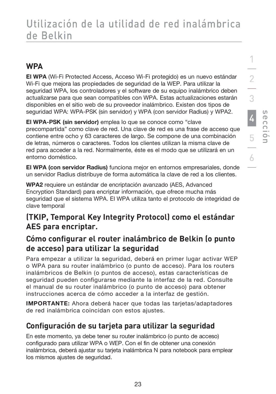 Belkin F5D8013EA user manual Configuración de su tarjeta para utilizar la seguridad 