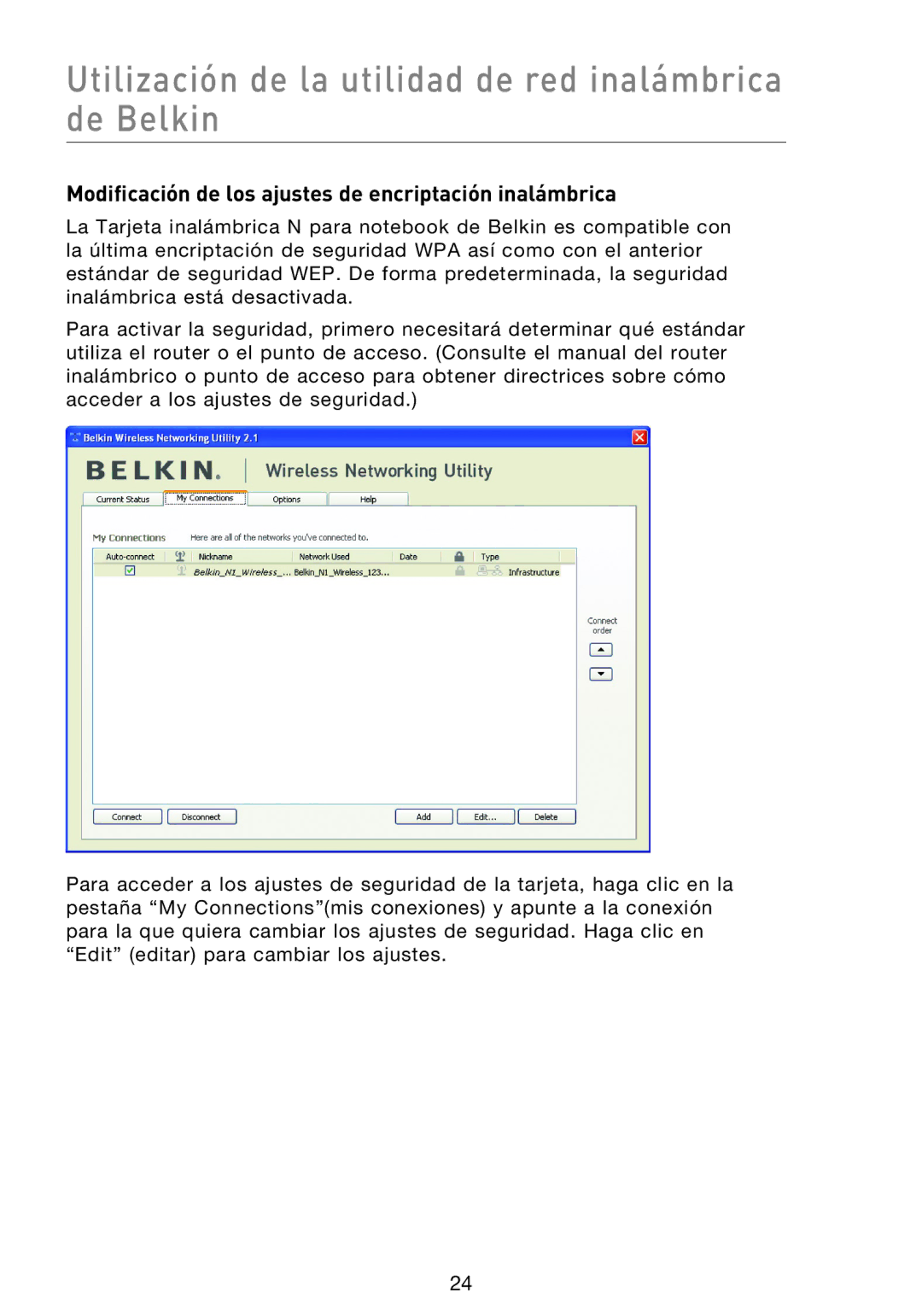 Belkin F5D8013EA user manual Modificación de los ajustes de encriptación inalámbrica 