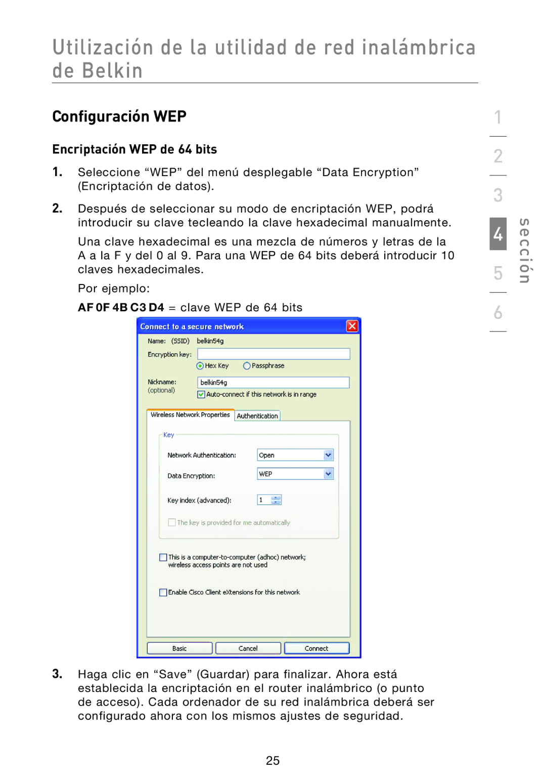 Belkin F5D8013EA user manual Configuración WEP, Encriptación WEP de 64 bits 